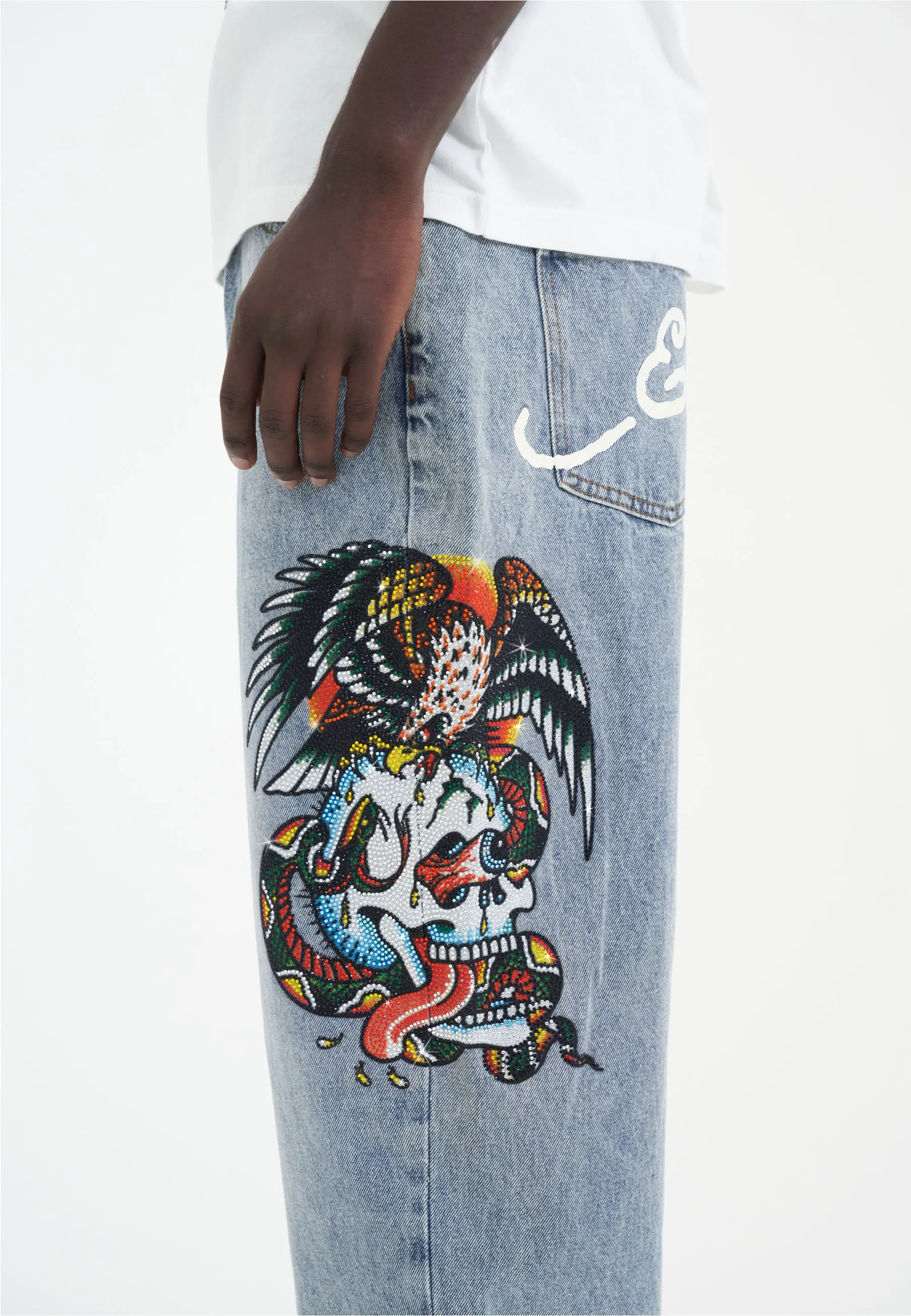 Mens Skull-Snake-Eagle Diamante Denim Trousers Jeans - Bleach