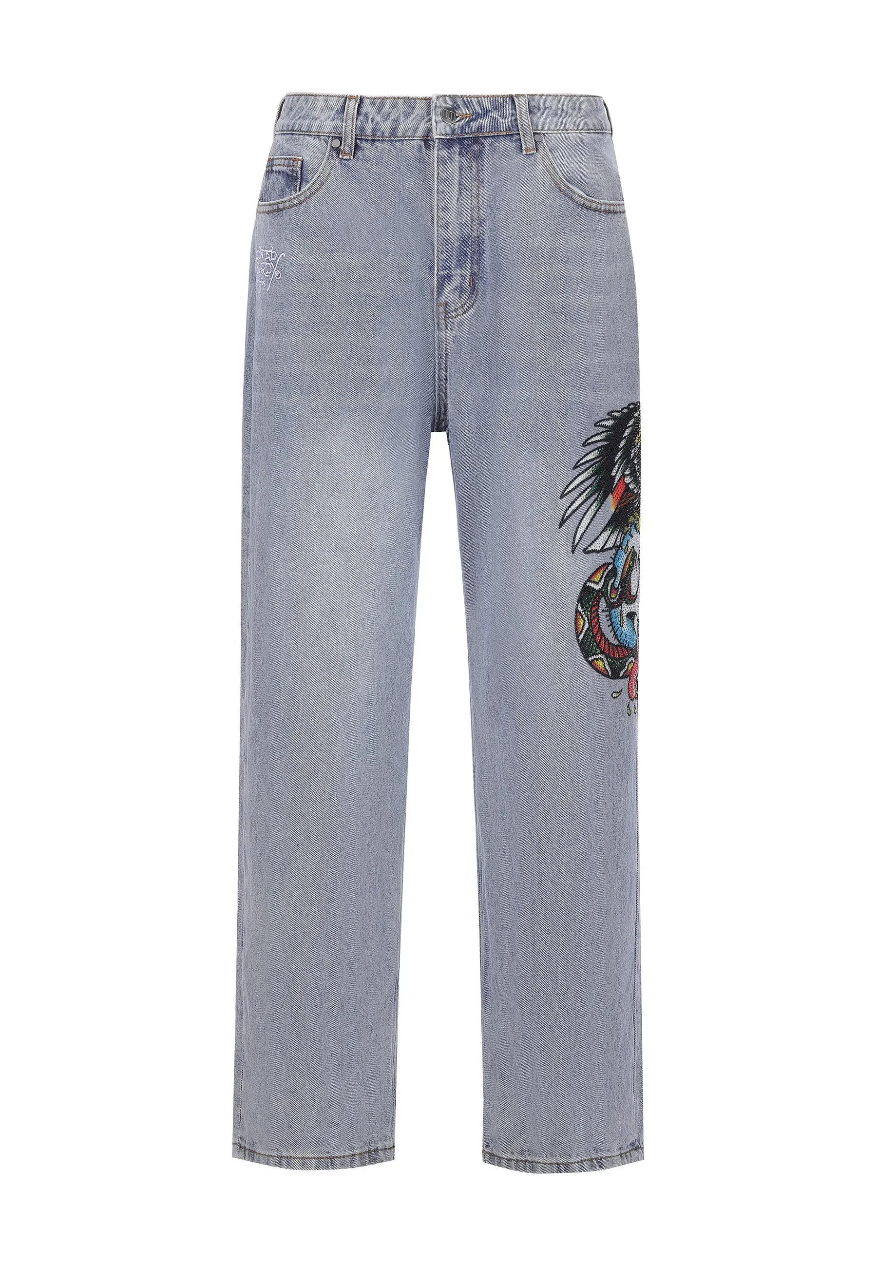 Mens Skull-Snake-Eagle Diamante Denim Trousers Jeans - Bleach