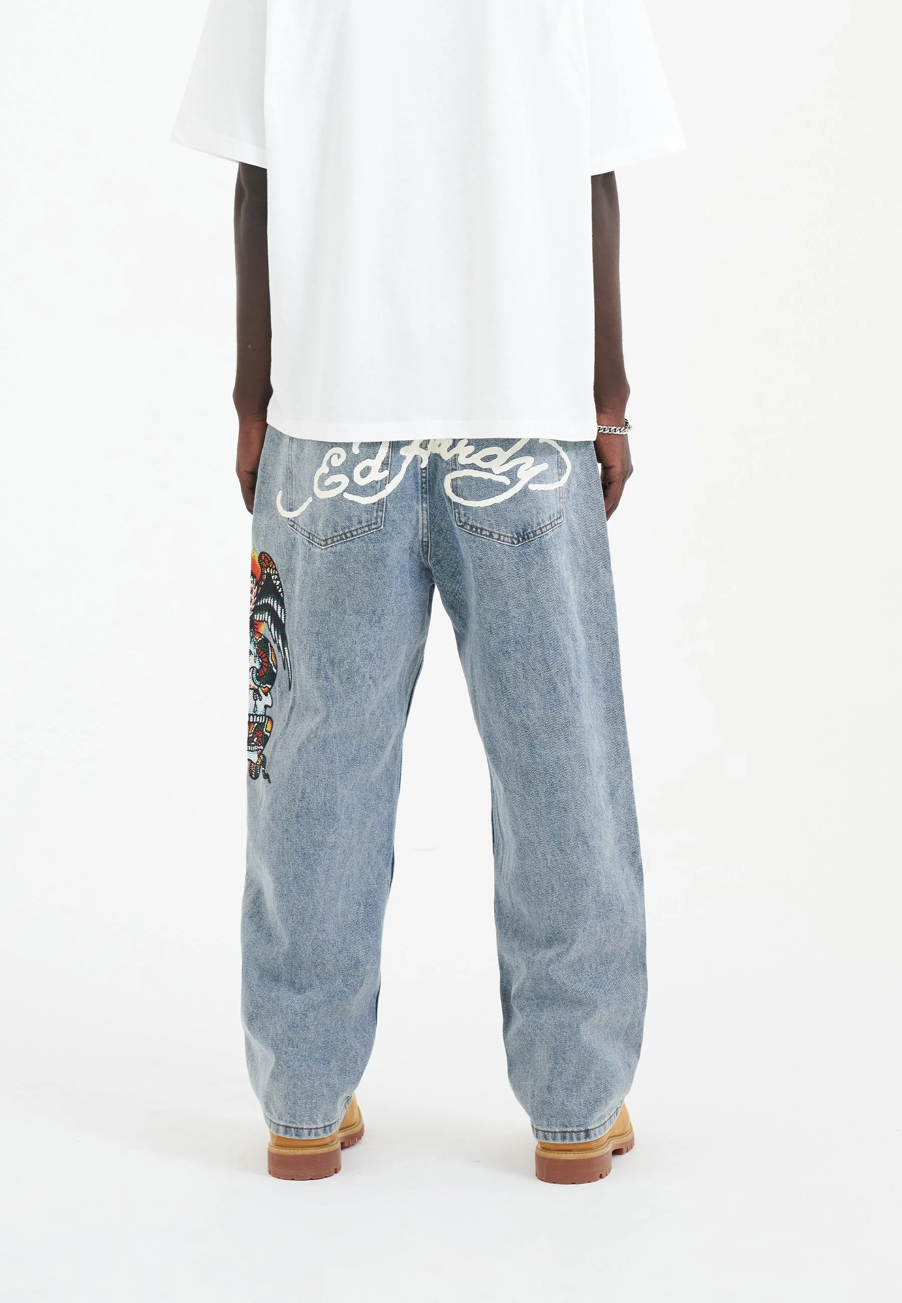 Mens Skull-Snake-Eagle Diamante Denim Trousers Jeans - Bleach