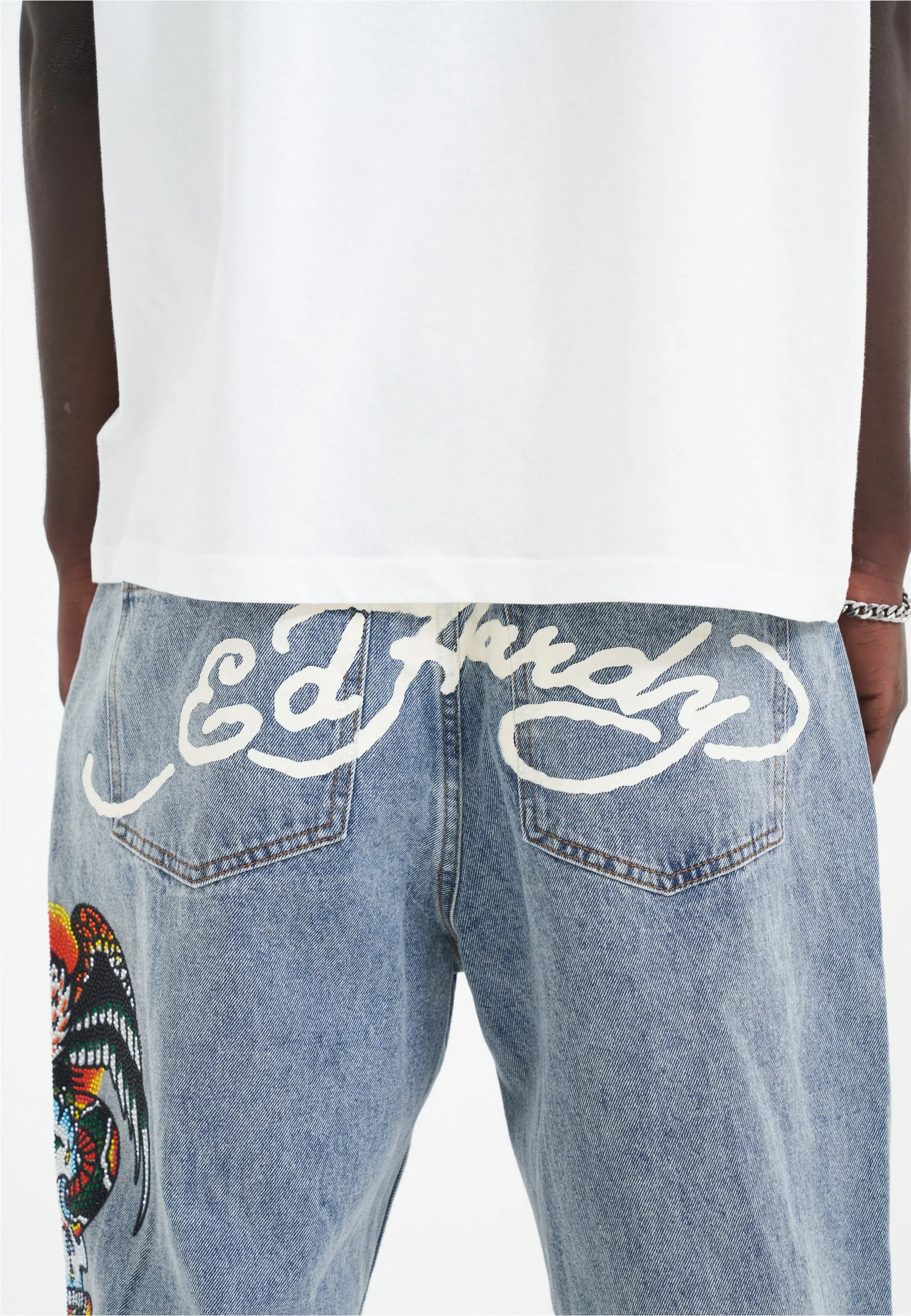 Mens Skull-Snake-Eagle Diamante Denim Trousers Jeans - Bleach