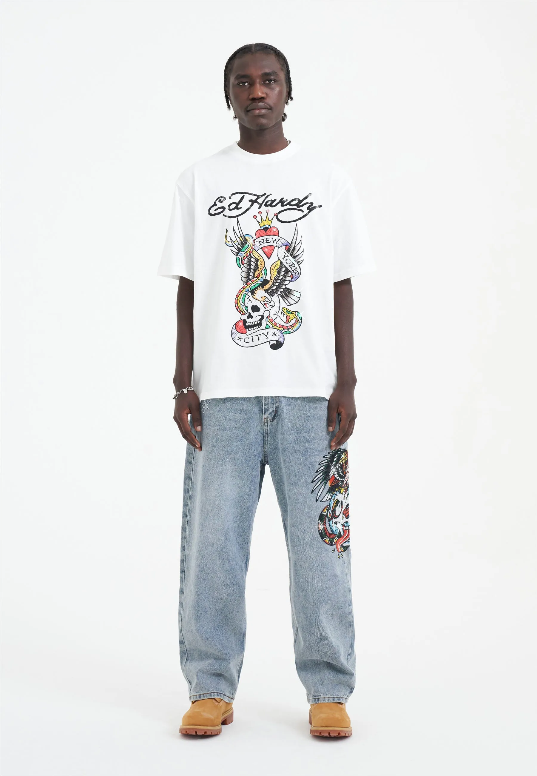 Mens Skull-Snake-Eagle Diamante Denim Trousers Jeans - Bleach