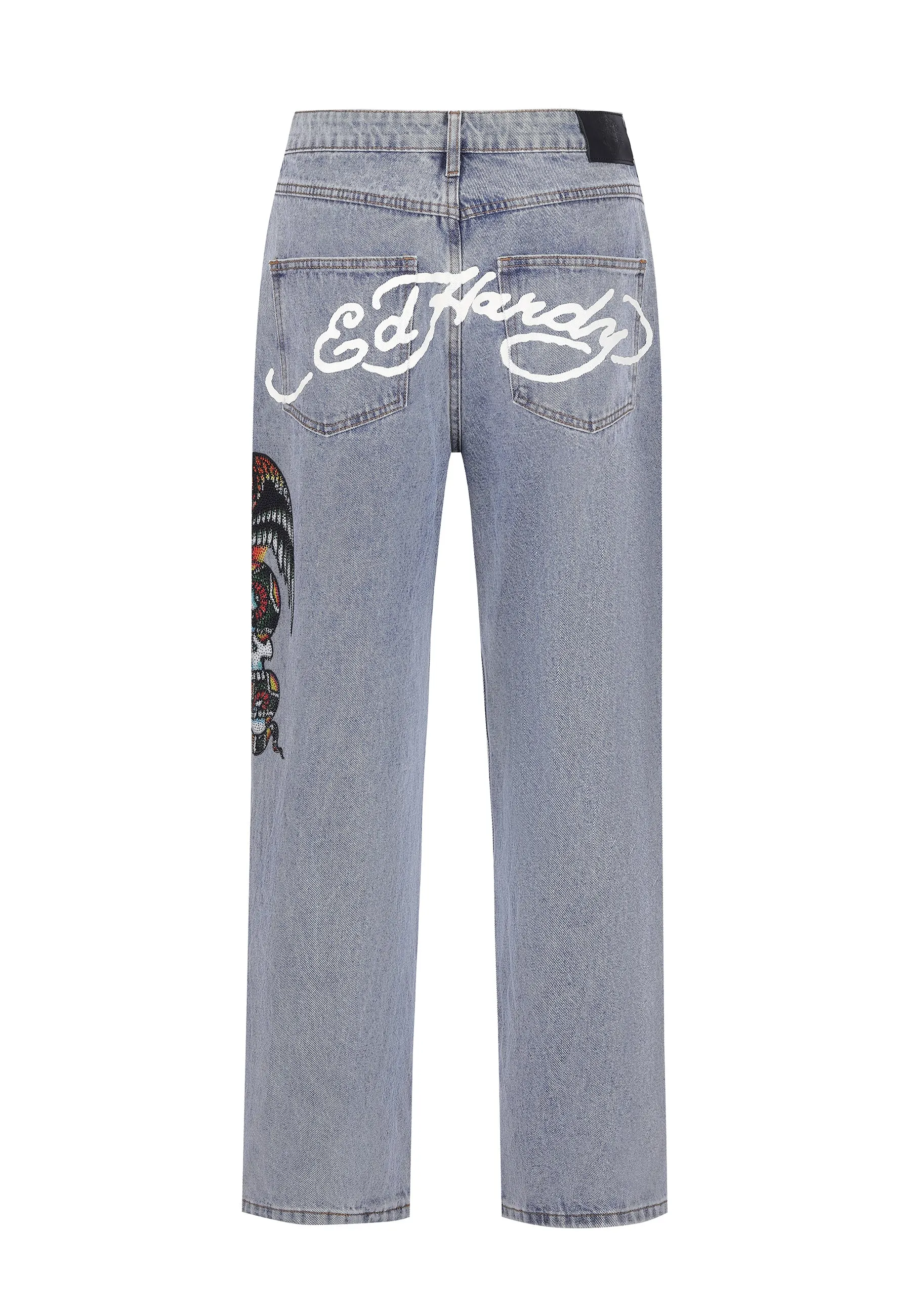 Mens Skull-Snake-Eagle Diamante Denim Trousers Jeans - Bleach