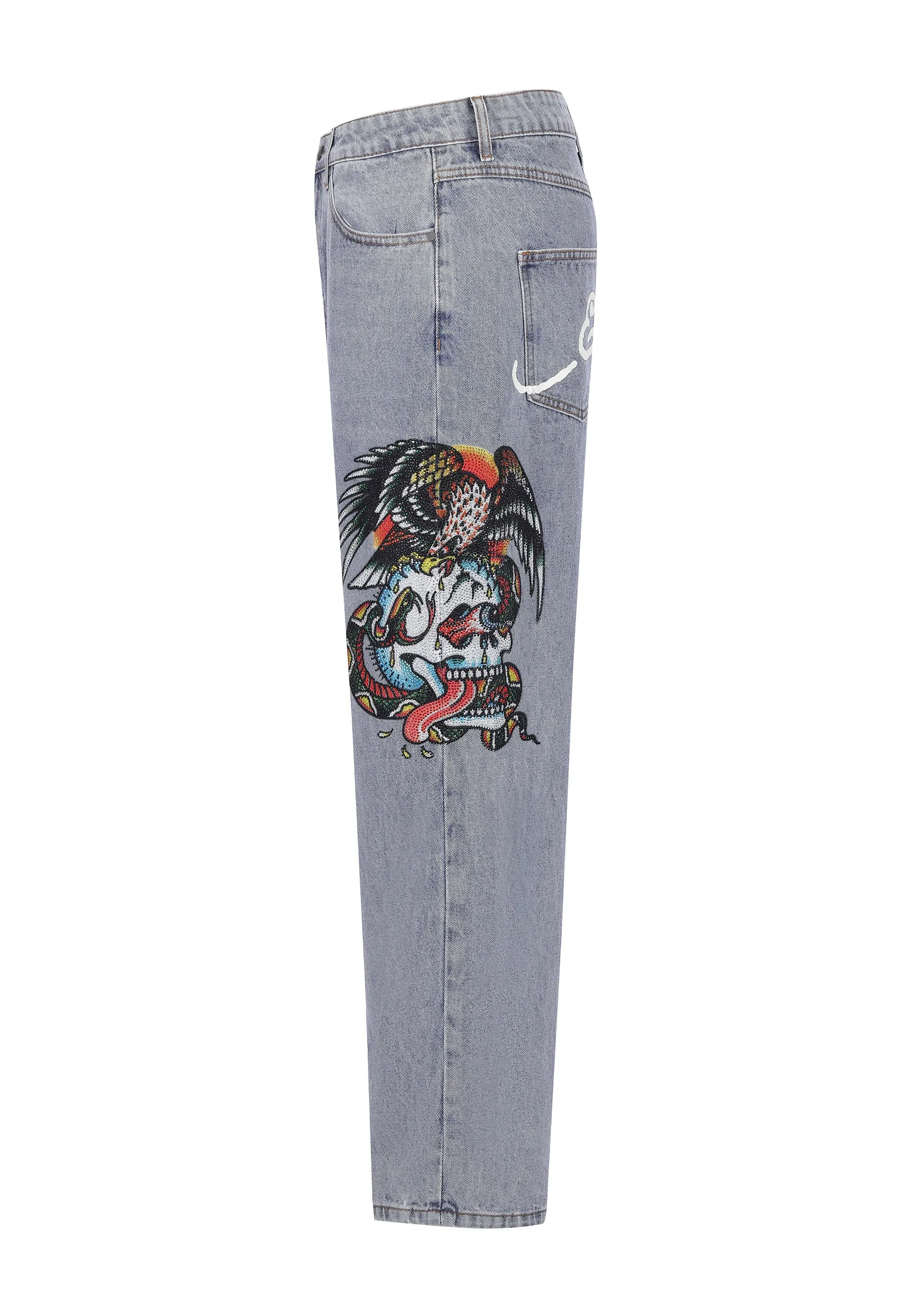 Mens Skull-Snake-Eagle Diamante Denim Trousers Jeans - Bleach