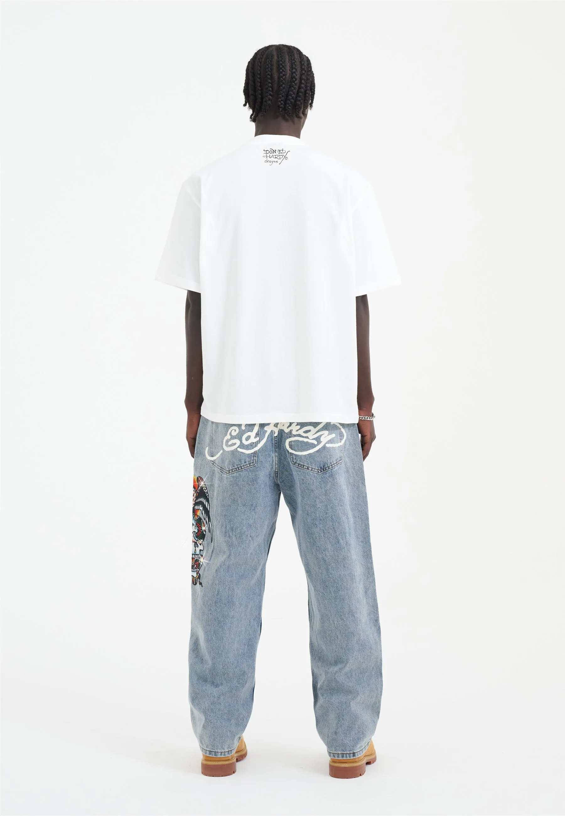 Mens Skull-Snake-Eagle Diamante Denim Trousers Jeans - Bleach