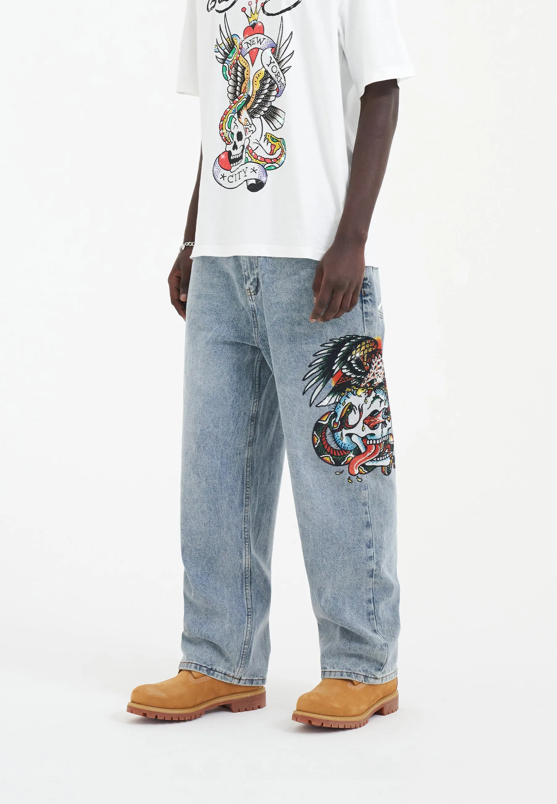 Mens Skull-Snake-Eagle Diamante Denim Trousers Jeans - Bleach