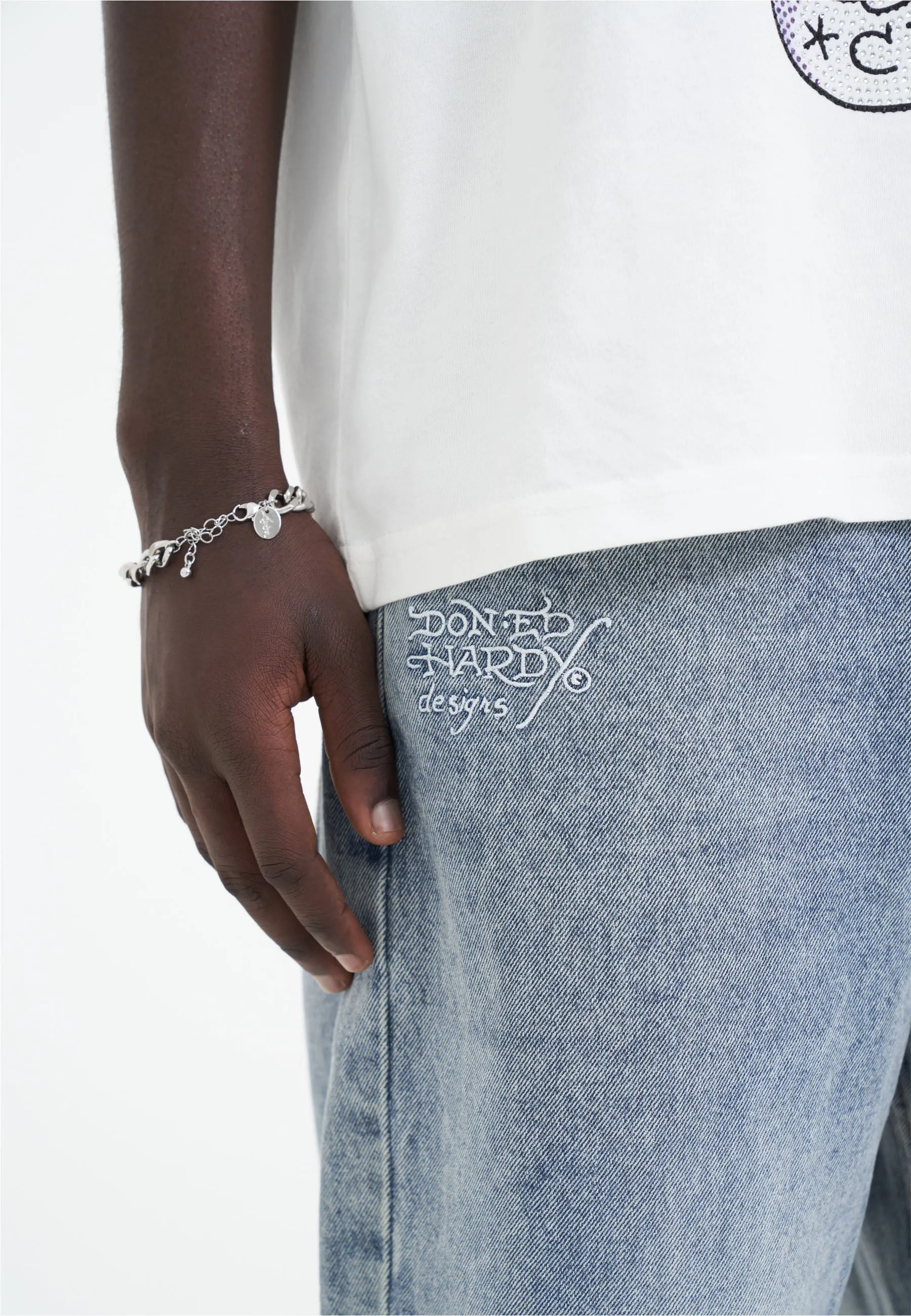 Mens Skull-Snake-Eagle Diamante Denim Trousers Jeans - Bleach