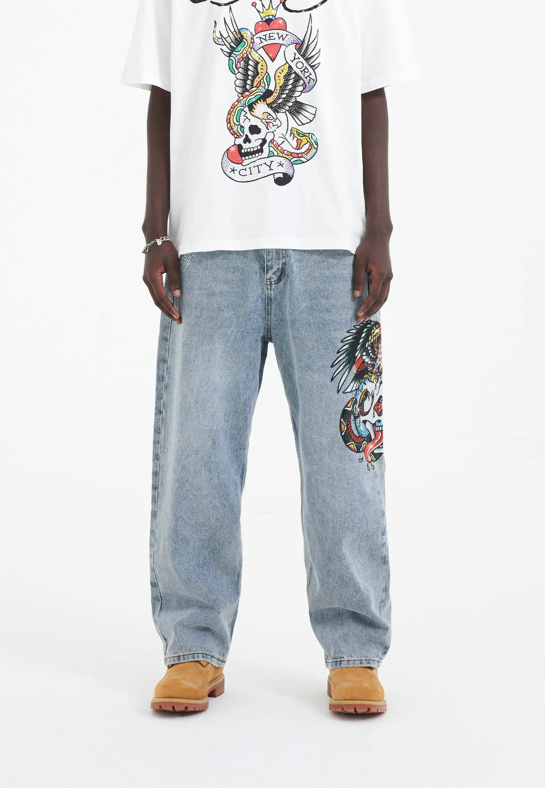 Mens Skull-Snake-Eagle Diamante Denim Trousers Jeans - Bleach