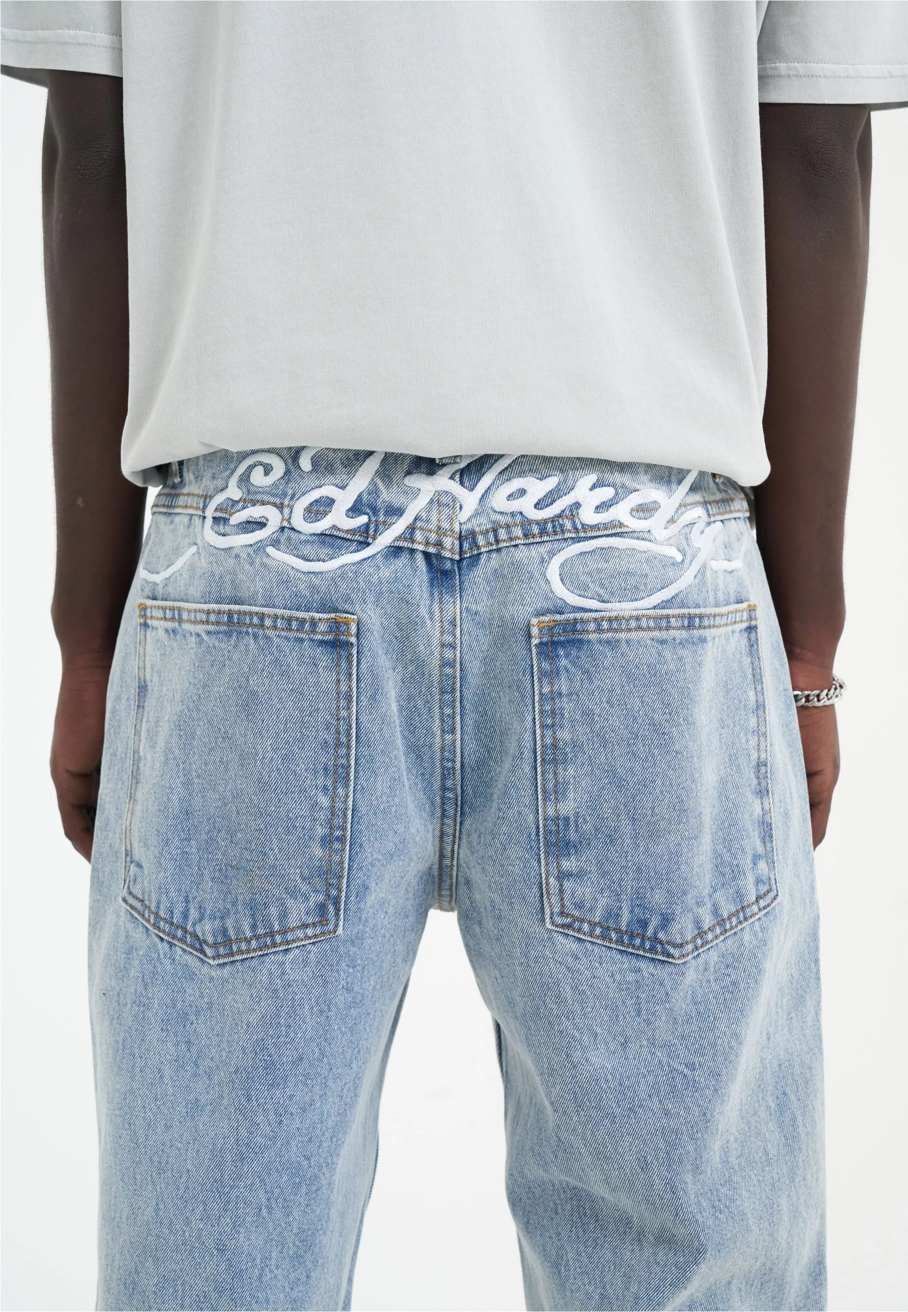 Mens True-Till-Death Diamante Denim Trousers Jeans - Bleach