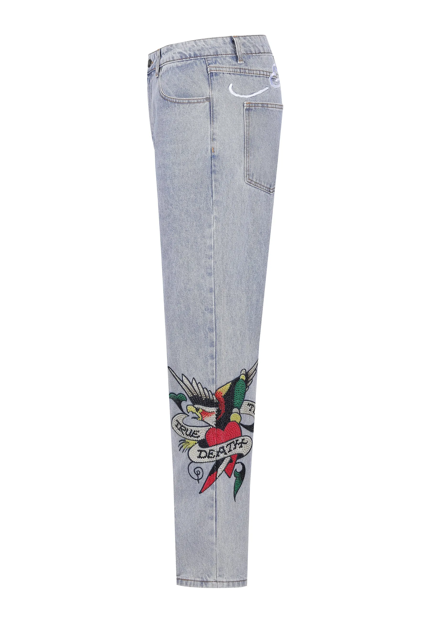 Mens True-Till-Death Diamante Denim Trousers Jeans - Bleach