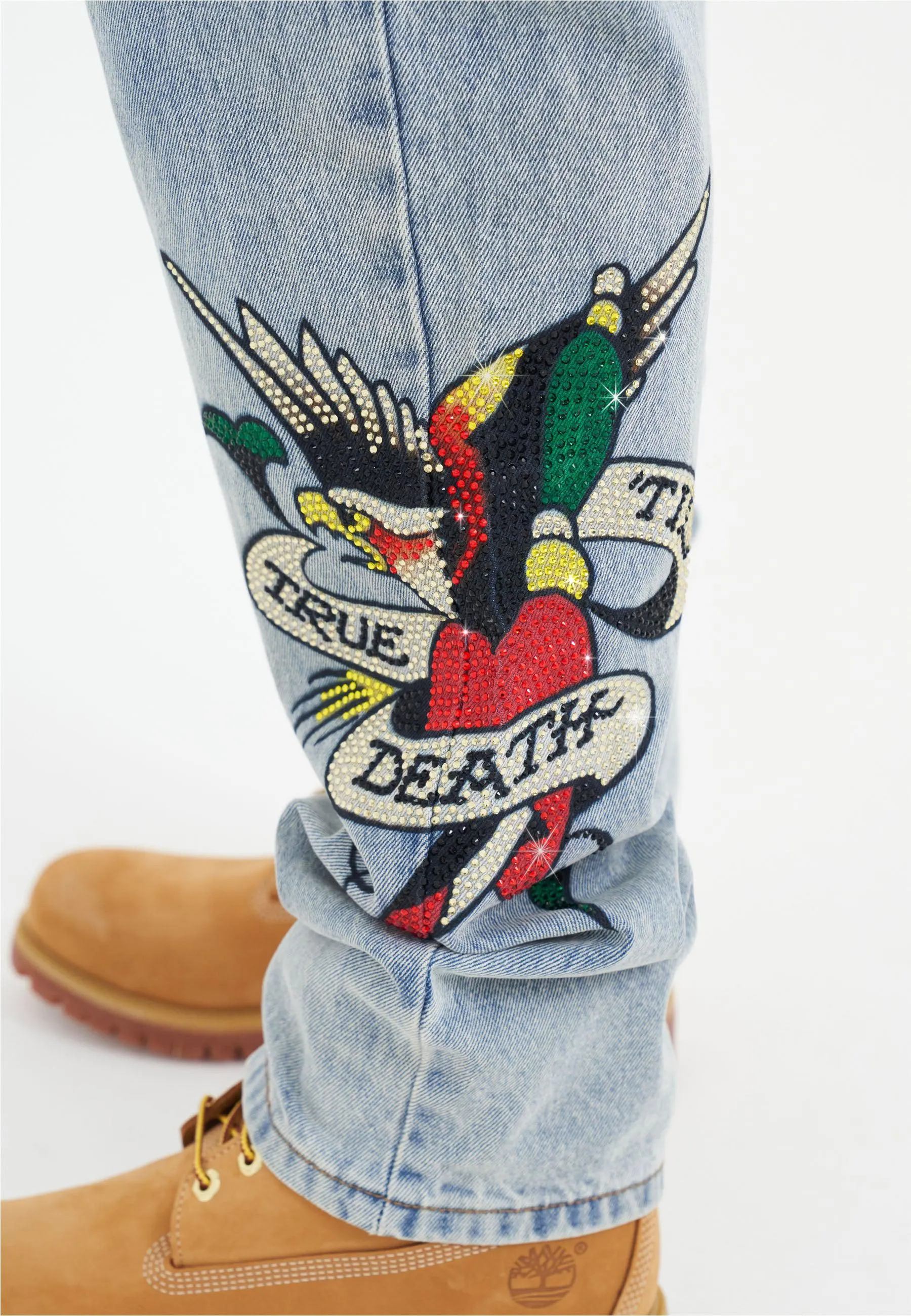 Mens True-Till-Death Diamante Denim Trousers Jeans - Bleach