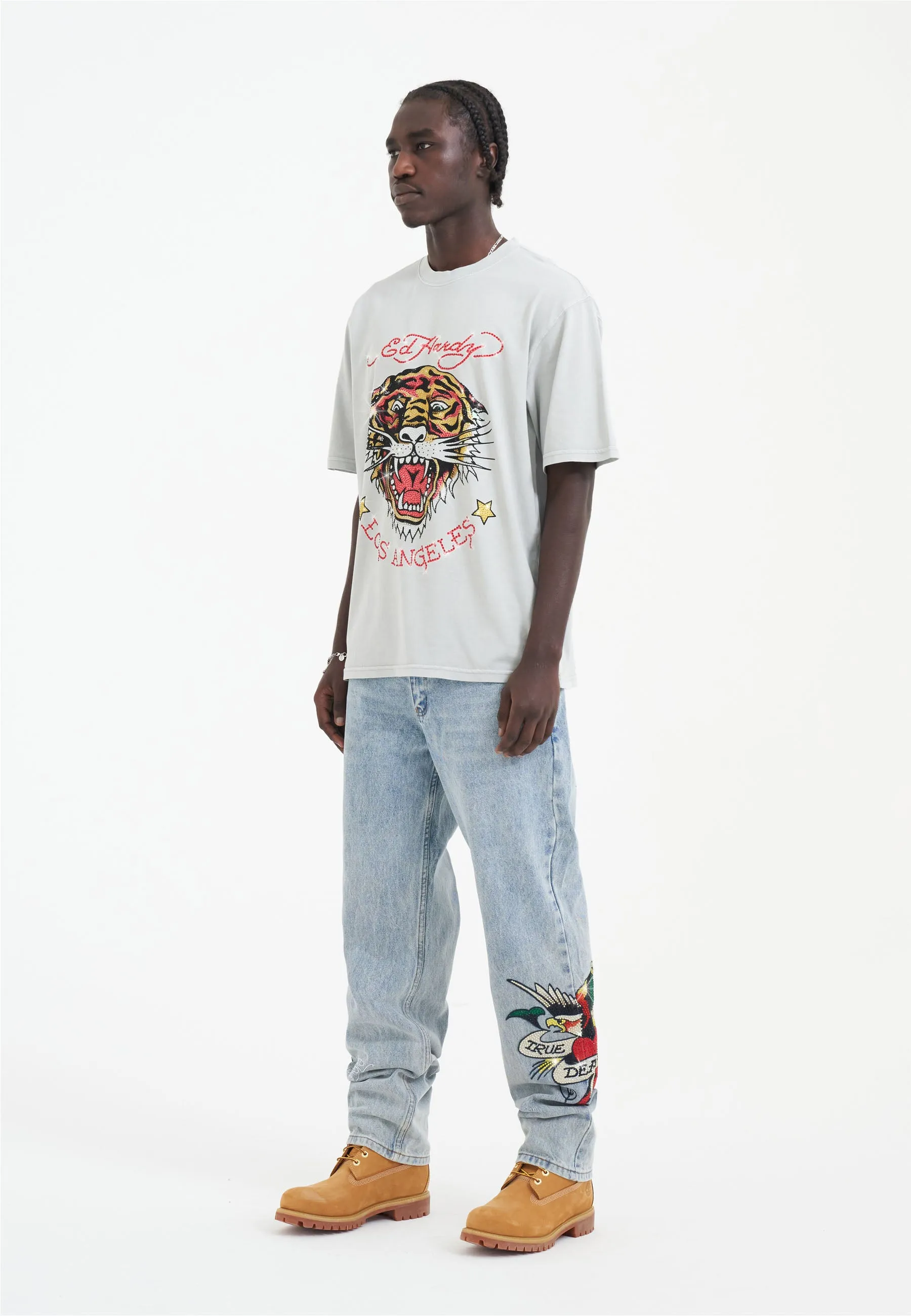 Mens True-Till-Death Diamante Denim Trousers Jeans - Bleach