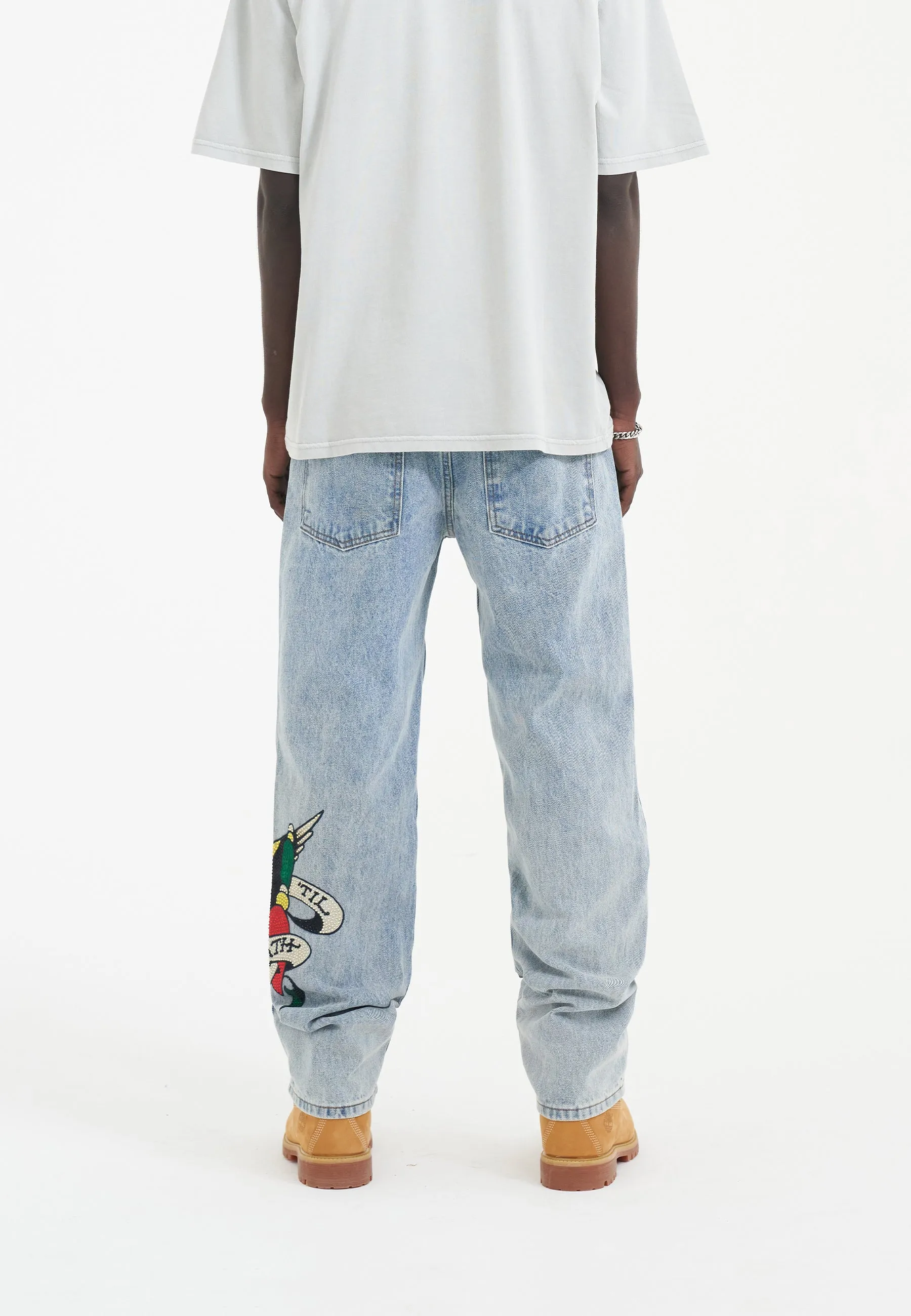 Mens True-Till-Death Diamante Denim Trousers Jeans - Bleach
