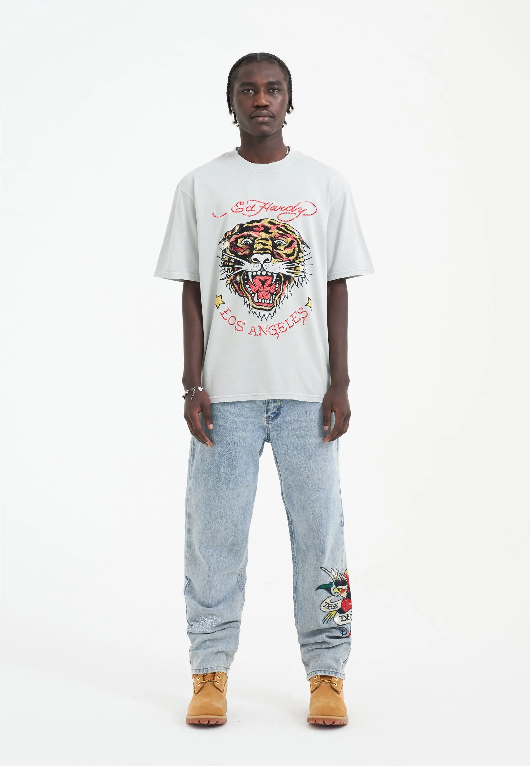 Mens True-Till-Death Diamante Denim Trousers Jeans - Bleach