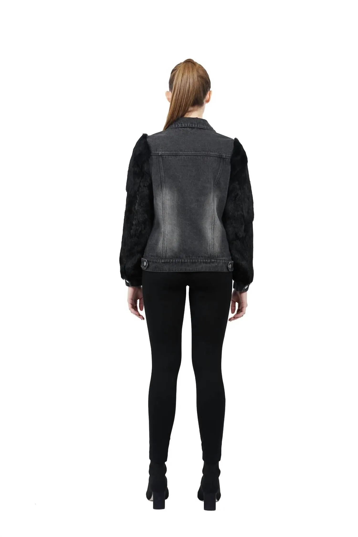 Murray Genuine Real Rabbit Fur Sleeve Denim Coat In Black Denim