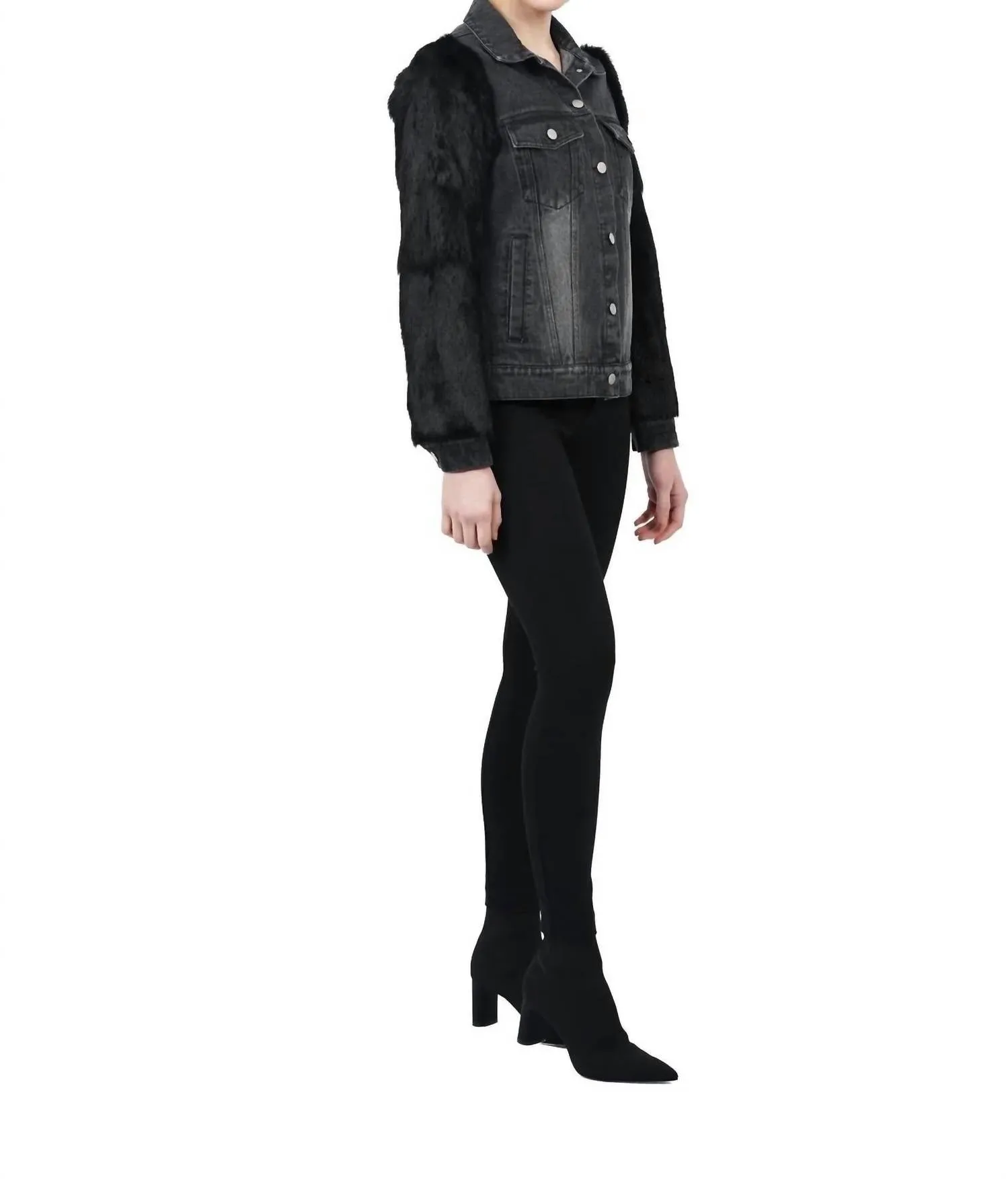 Murray Genuine Real Rabbit Fur Sleeve Denim Coat In Black Denim