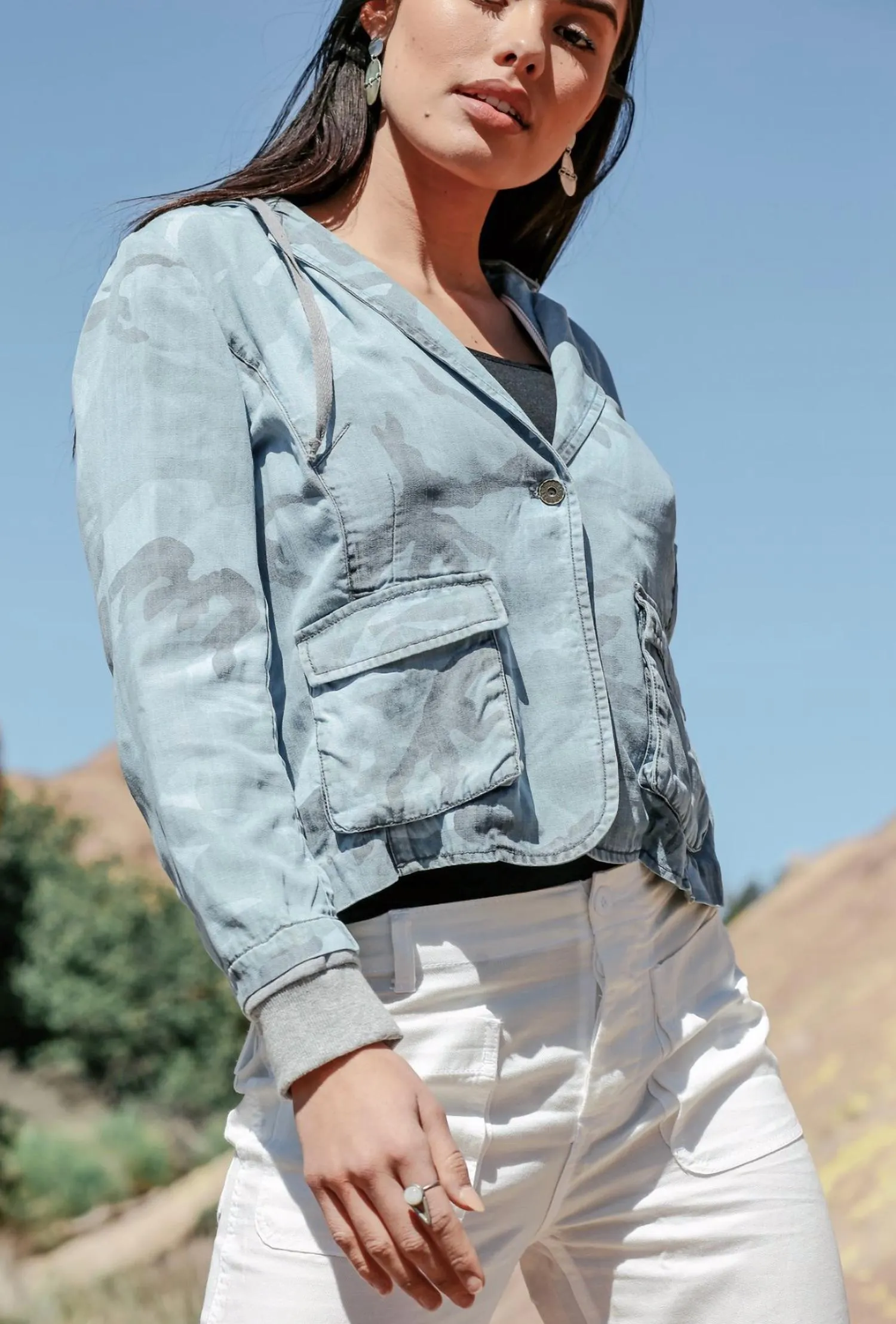 Pamela Hooded Blazer In Denim Camo