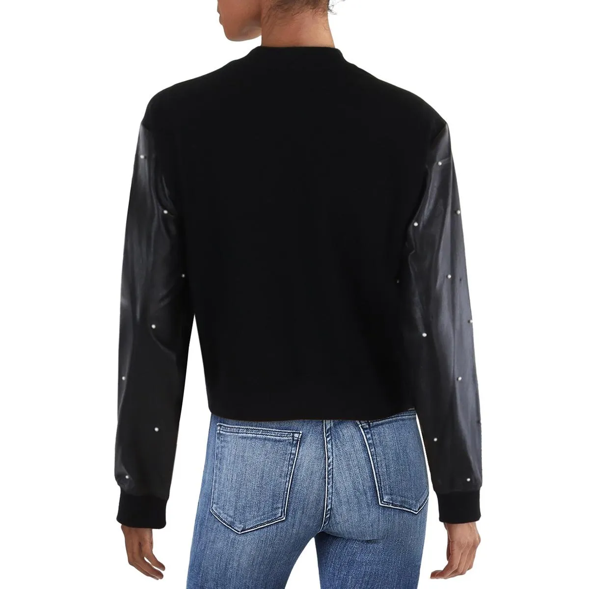 Payton Womens Faux Leather Trim Beaded Sweatshirt