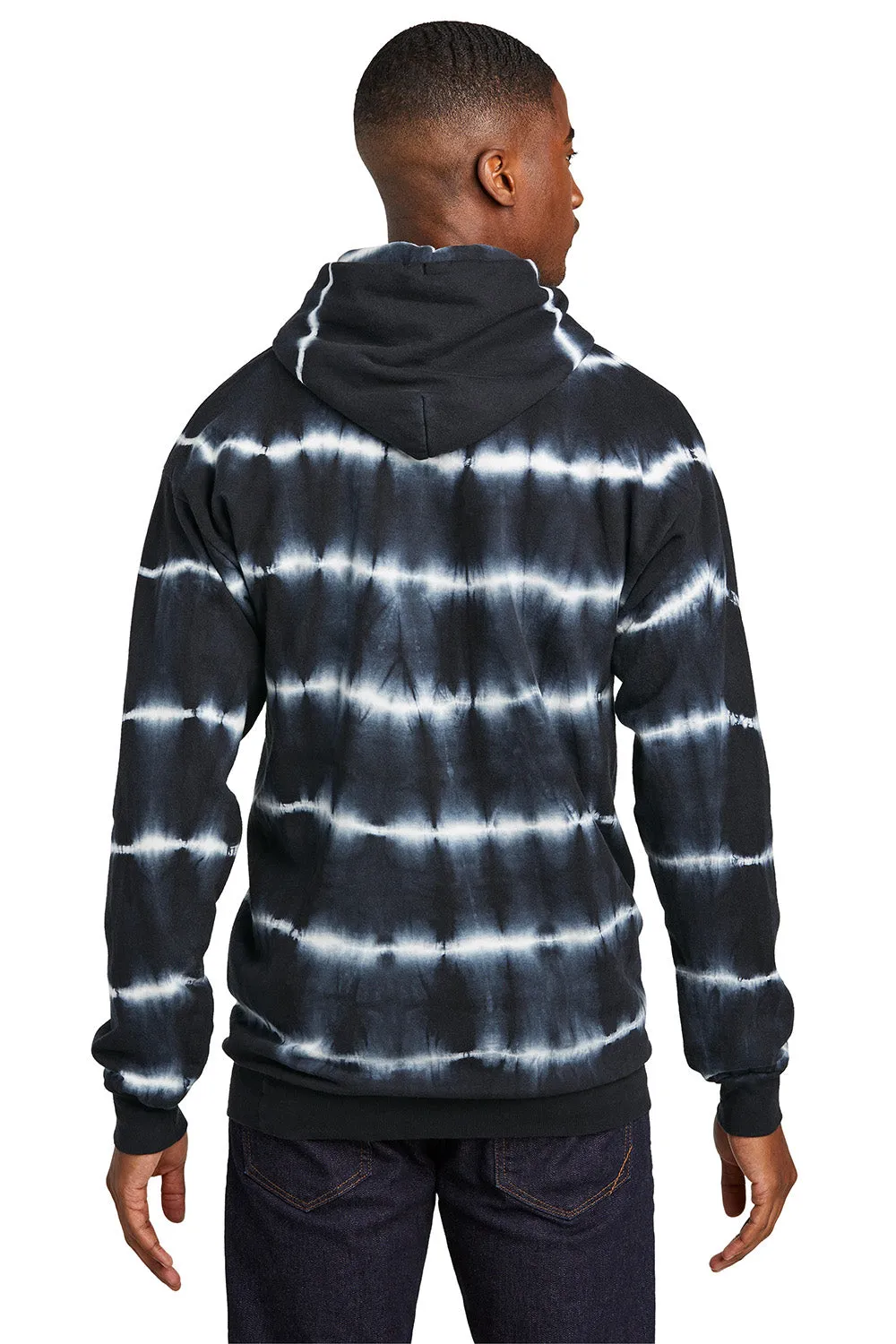 Port & Company Mens Allover Stripe Tie-Dye Fleece Hooded Sweatshirt Hoodie w/ Pouch Pocket - Black/White