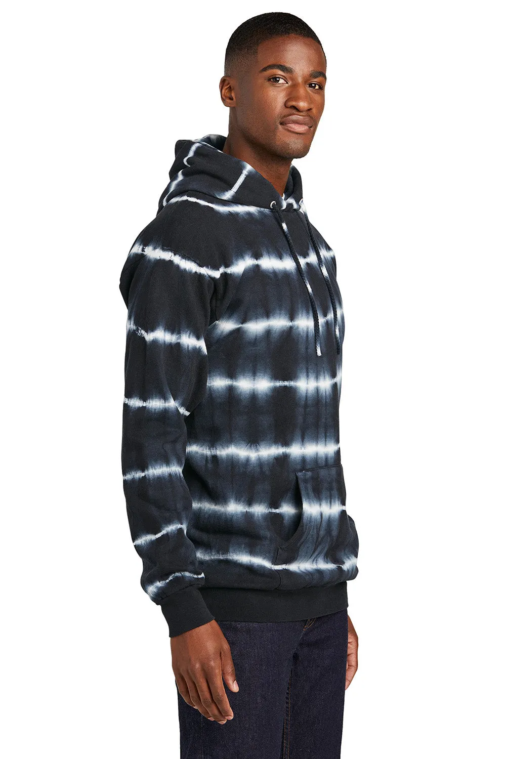 Port & Company Mens Allover Stripe Tie-Dye Fleece Hooded Sweatshirt Hoodie w/ Pouch Pocket - Black/White