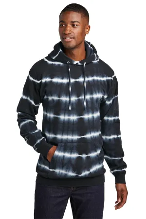 Port & Company Mens Allover Stripe Tie-Dye Fleece Hooded Sweatshirt Hoodie w/ Pouch Pocket - Black/White
