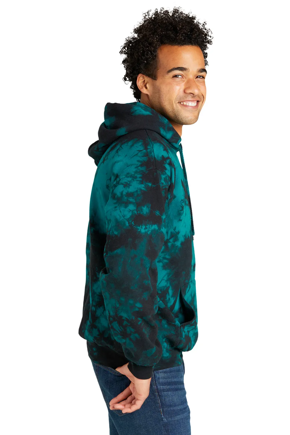 Port & Company Mens Crystal Tie-Dye Hooded Sweatshirt Hoodie w/ Pouch Pocket - Black/Teal