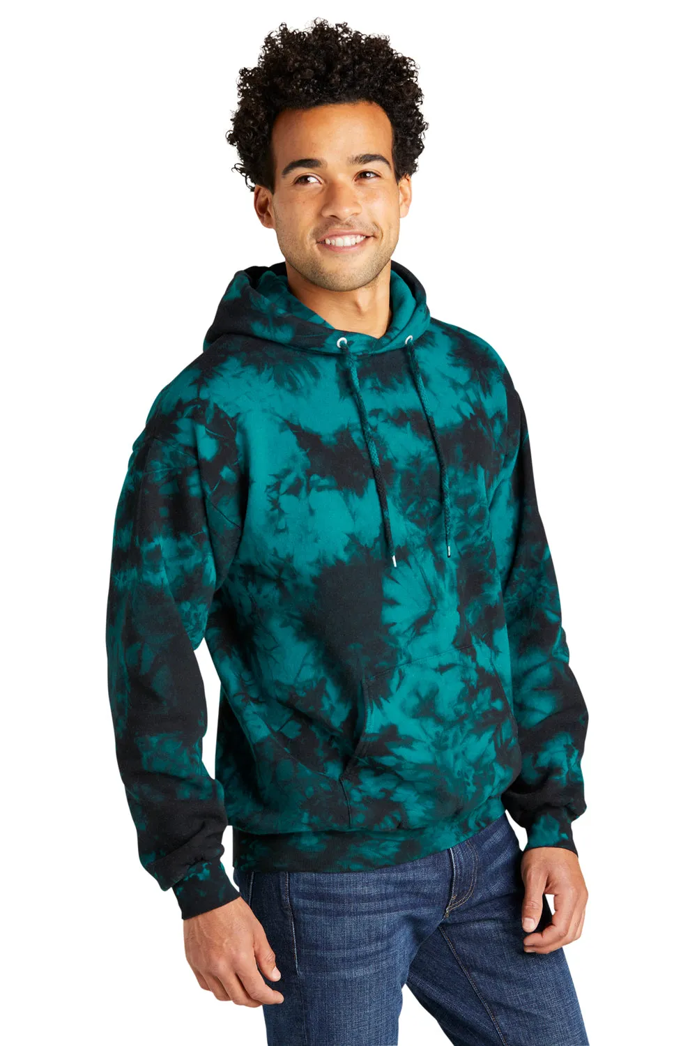 Port & Company Mens Crystal Tie-Dye Hooded Sweatshirt Hoodie w/ Pouch Pocket - Black/Teal
