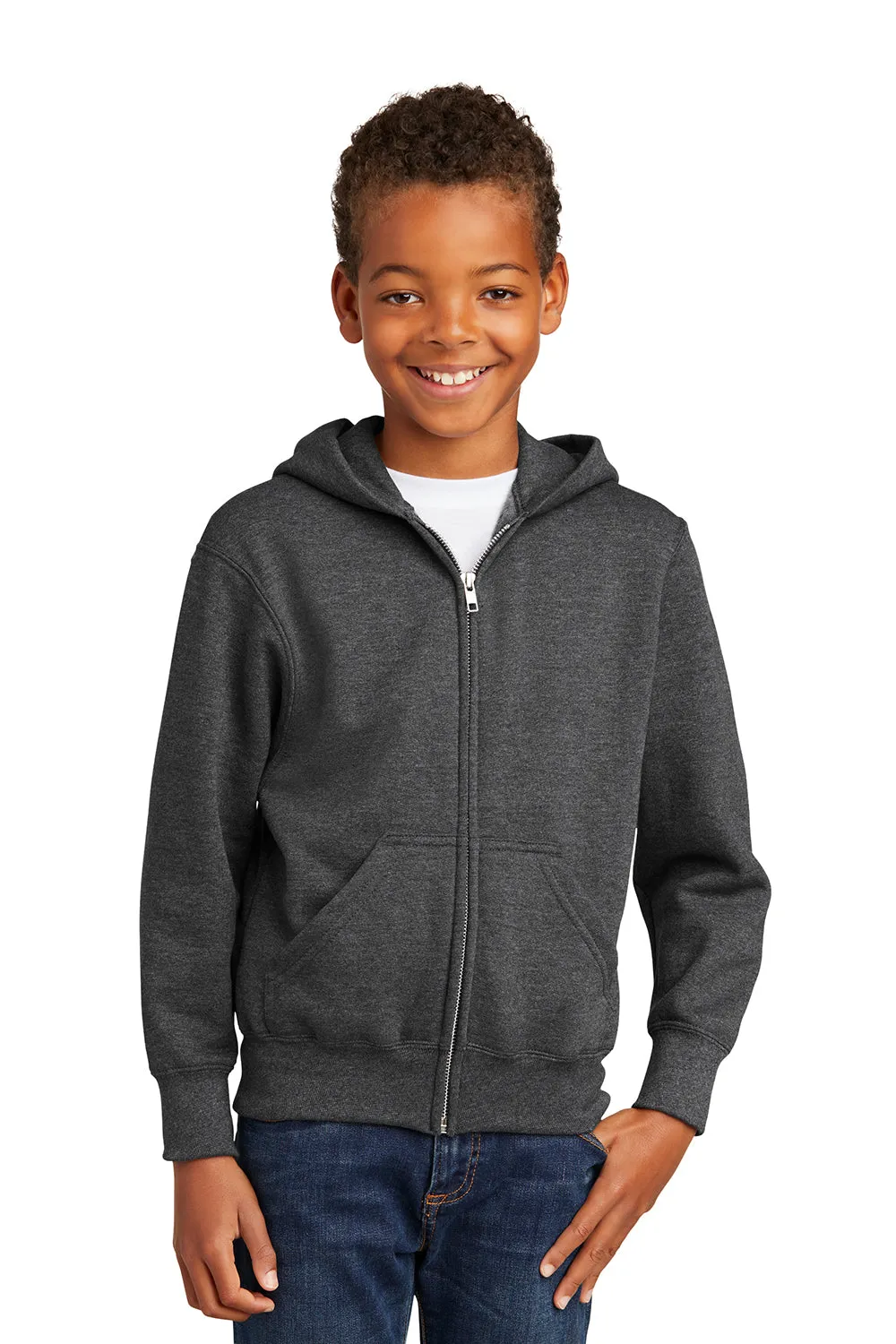 Port & Company Youth Core Pill Resistant Fleece Full Zip Hooded Sweatshirt Hoodie w/ Pockets - Heather Dark Grey