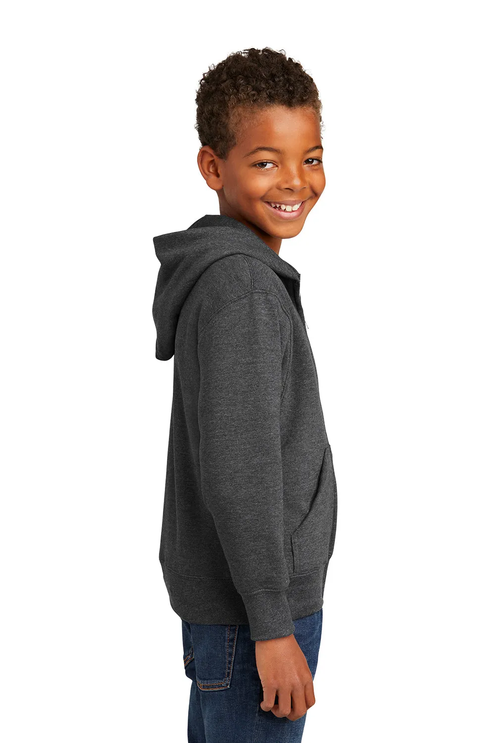 Port & Company Youth Core Pill Resistant Fleece Full Zip Hooded Sweatshirt Hoodie w/ Pockets - Heather Dark Grey