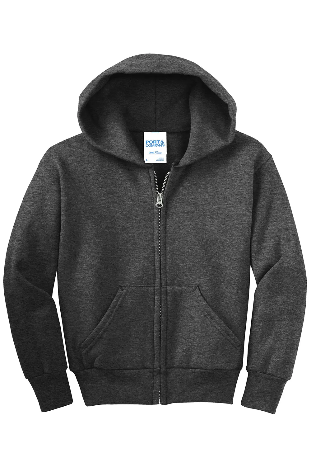 Port & Company Youth Core Pill Resistant Fleece Full Zip Hooded Sweatshirt Hoodie w/ Pockets - Heather Dark Grey
