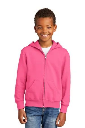 Port & Company Youth Core Pill Resistant Fleece Full Zip Hooded Sweatshirt Hoodie w/ Pockets - Neon Pink