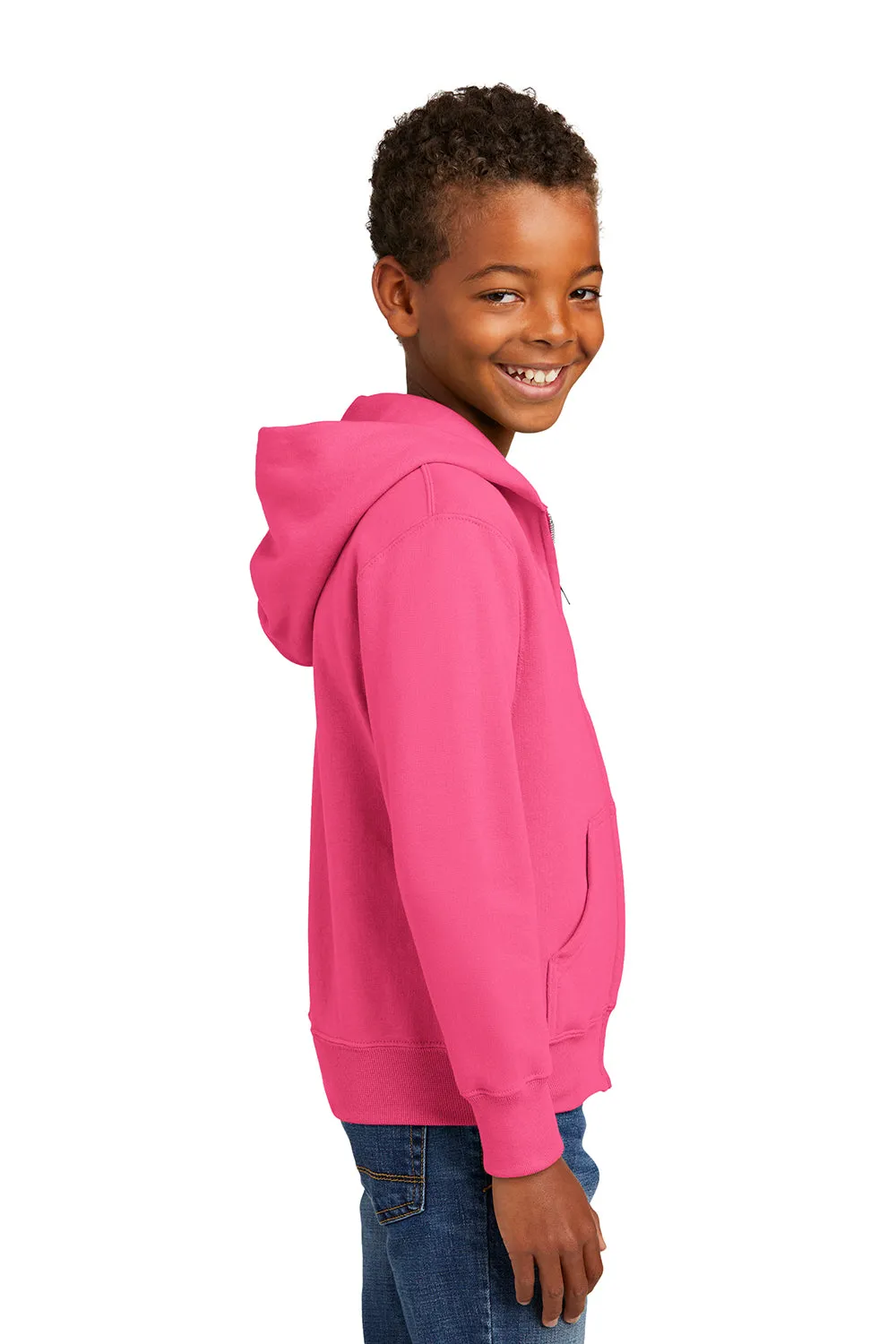 Port & Company Youth Core Pill Resistant Fleece Full Zip Hooded Sweatshirt Hoodie w/ Pockets - Neon Pink