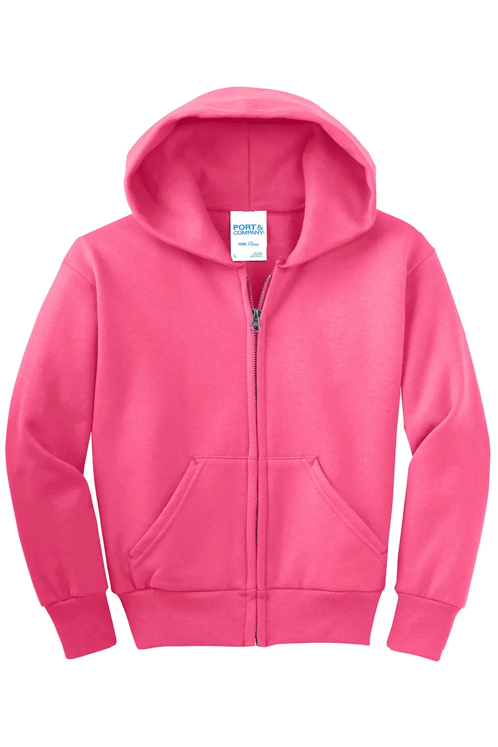 Port & Company Youth Core Pill Resistant Fleece Full Zip Hooded Sweatshirt Hoodie w/ Pockets - Neon Pink