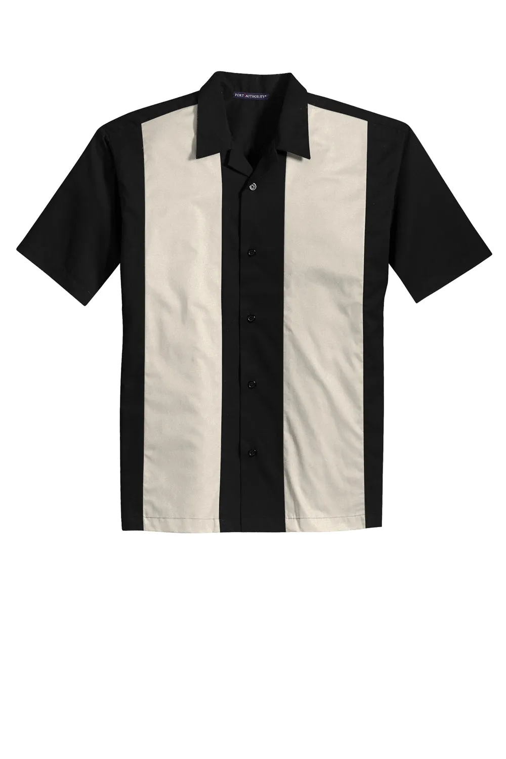 Port Authority Mens Retro Easy Care Wrinkle Resistant Short Sleeve Button Down Camp Shirt - Black/Light Stone - Closeout