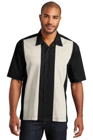 Port Authority Mens Retro Easy Care Wrinkle Resistant Short Sleeve Button Down Camp Shirt - Black/Light Stone - Closeout