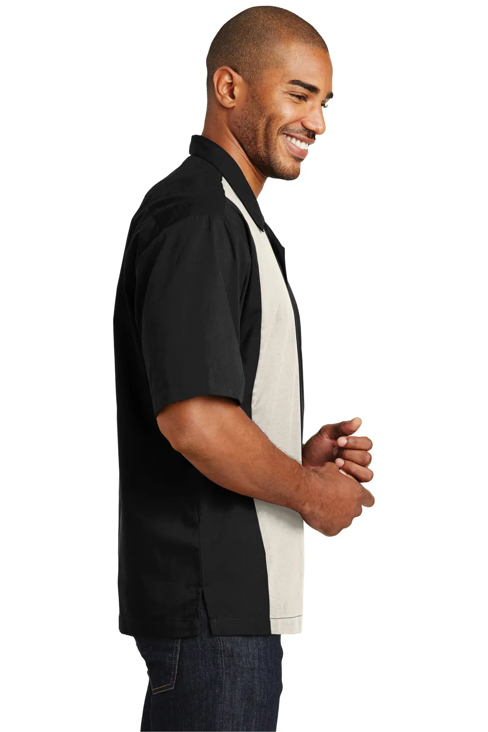 Port Authority Mens Retro Easy Care Wrinkle Resistant Short Sleeve Button Down Camp Shirt - Black/Light Stone - Closeout