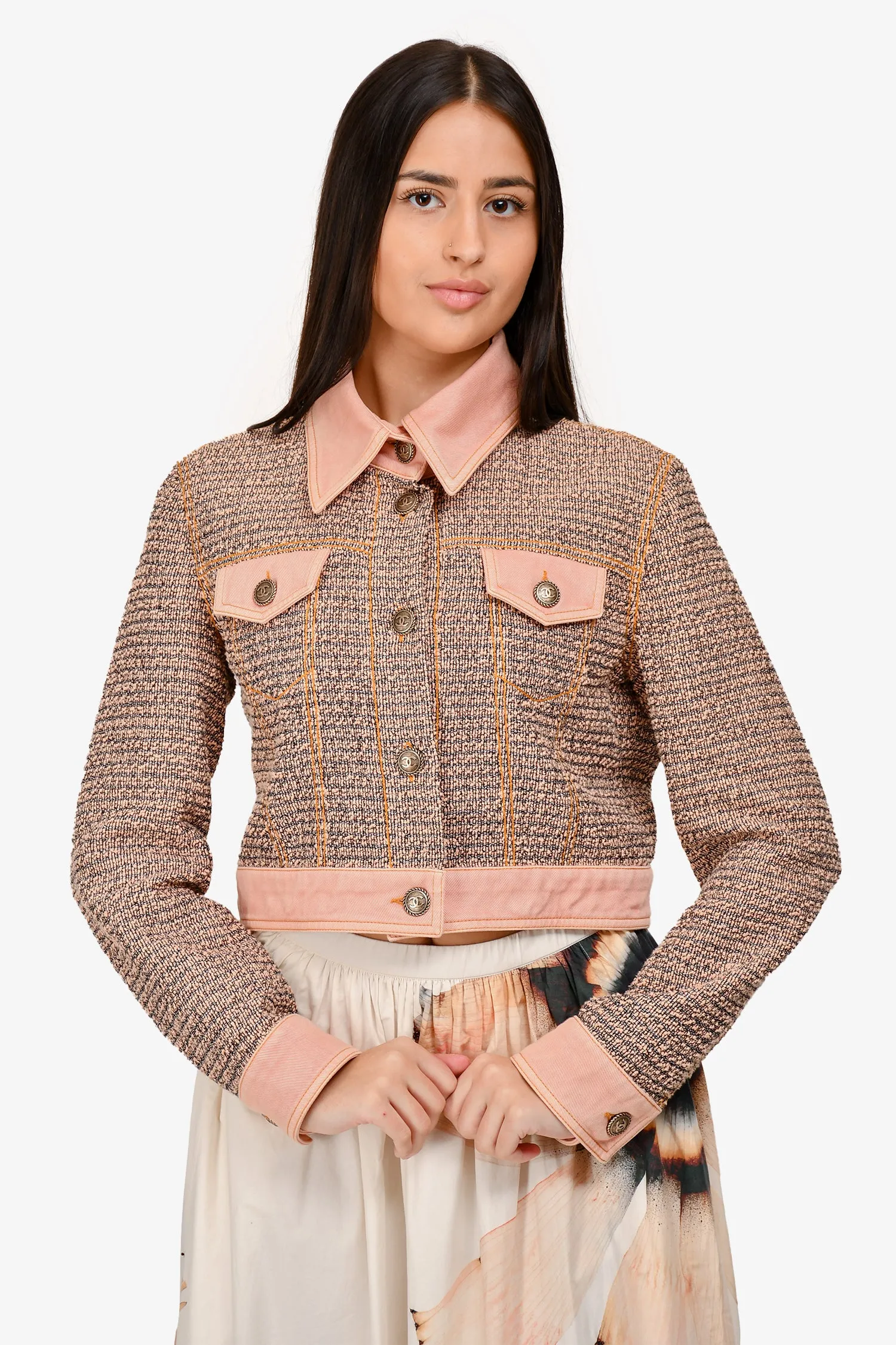 Pre-Loved Chanel™ Runway 2018 Pink Cotton Cropped Denim Jacket Size 40
