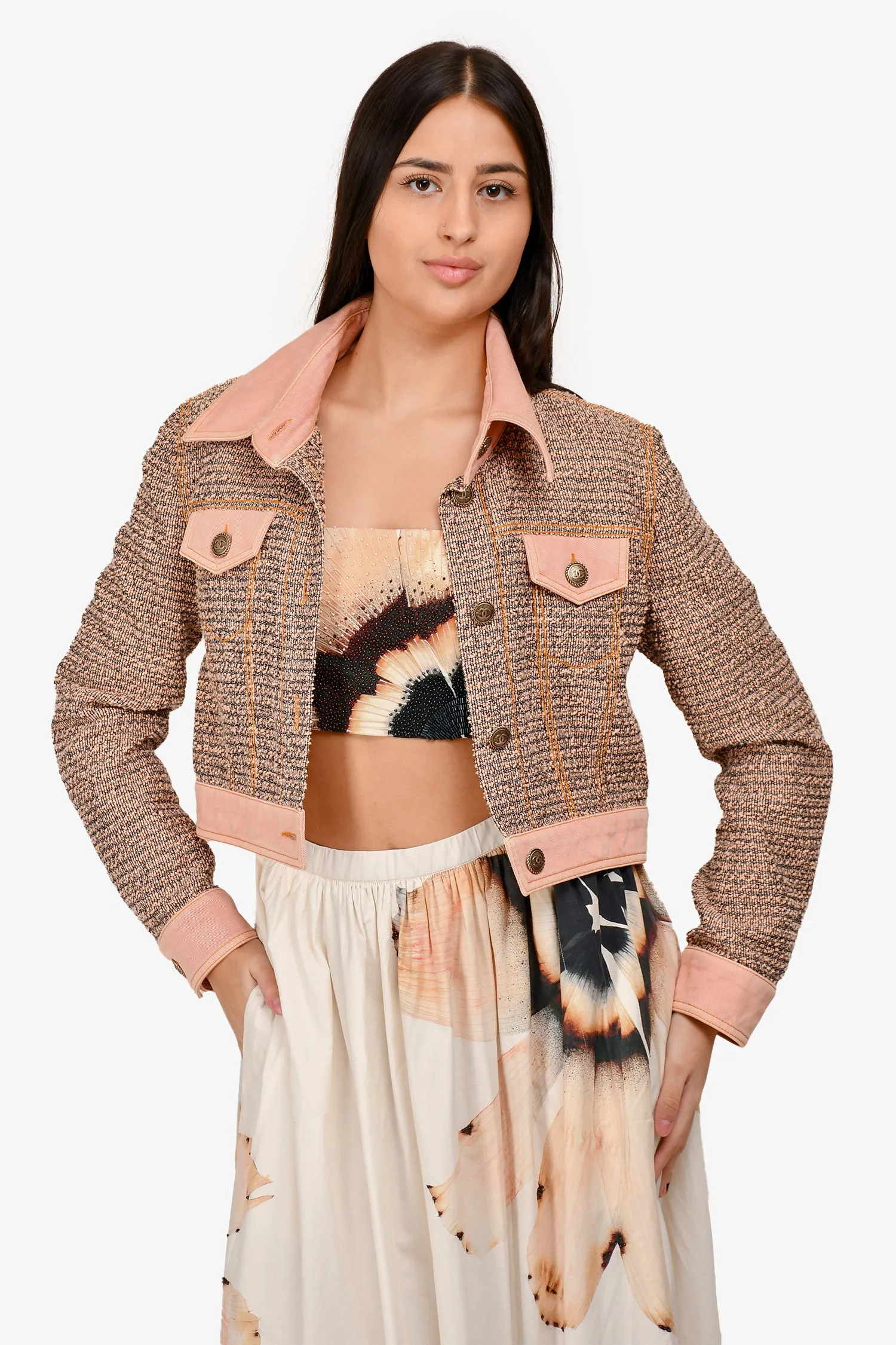 Pre-Loved Chanel™ Runway 2018 Pink Cotton Cropped Denim Jacket Size 40