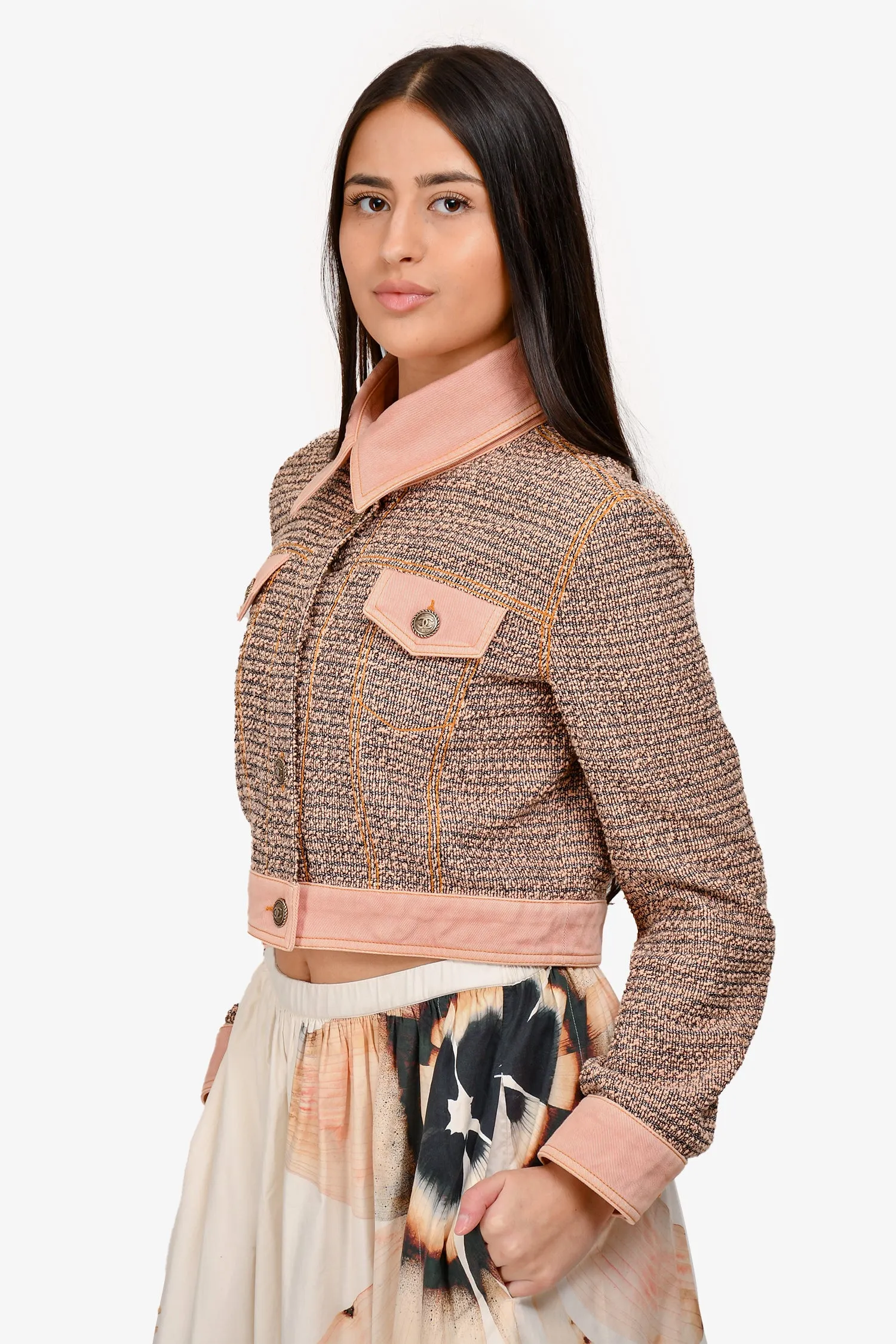 Pre-Loved Chanel™ Runway 2018 Pink Cotton Cropped Denim Jacket Size 40