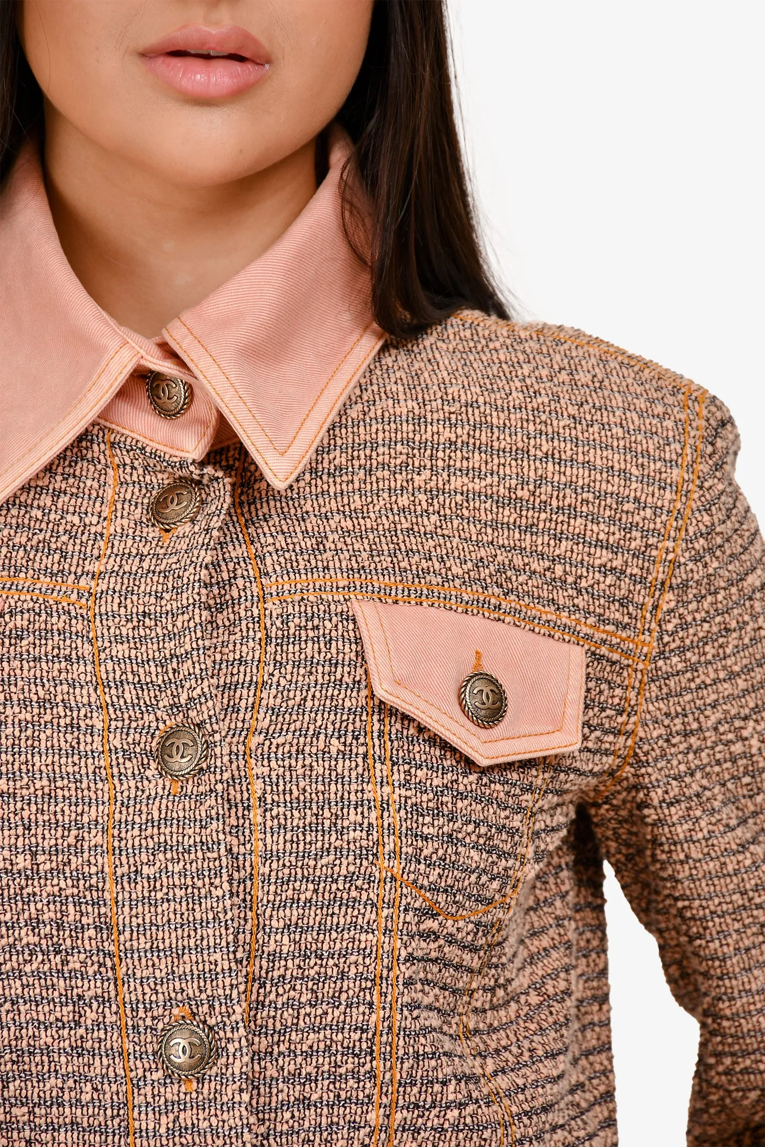 Pre-Loved Chanel™ Runway 2018 Pink Cotton Cropped Denim Jacket Size 40