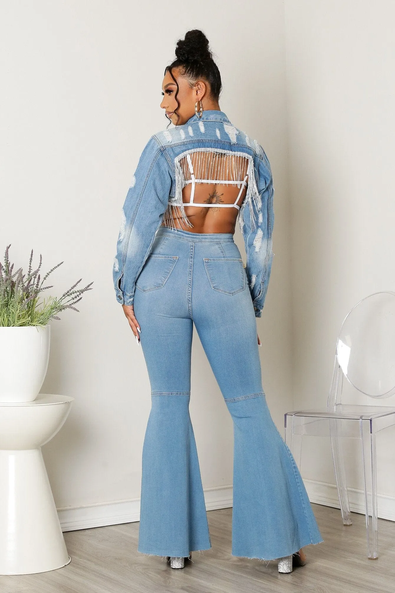 Rhinestone Fringe Distressed Crop Denim Jacket
