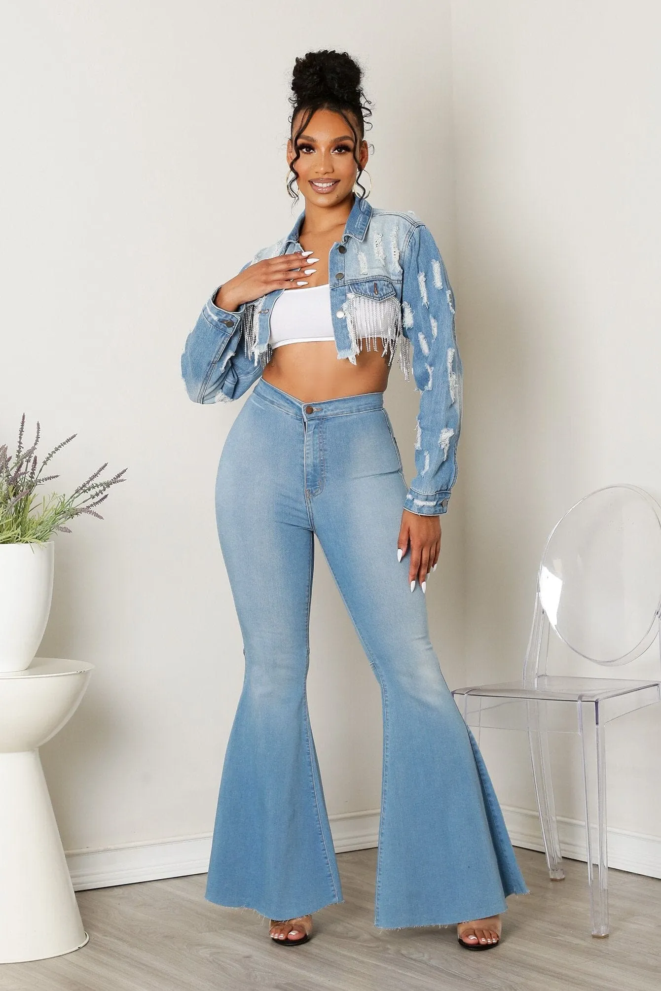 Rhinestone Fringe Distressed Crop Denim Jacket