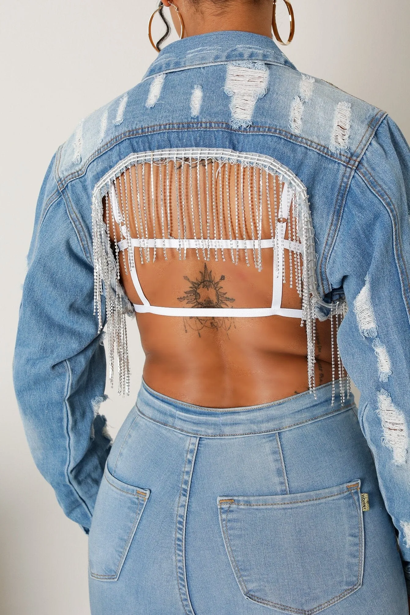 Rhinestone Fringe Distressed Crop Denim Jacket