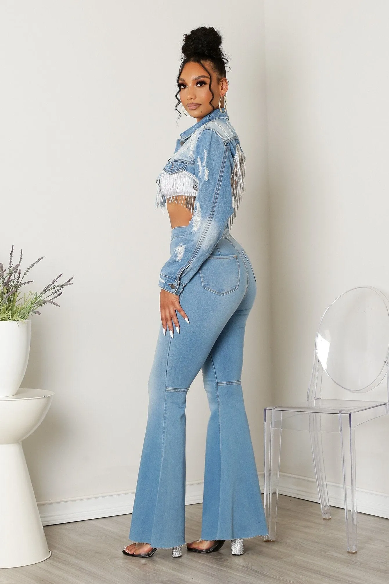 Rhinestone Fringe Distressed Crop Denim Jacket