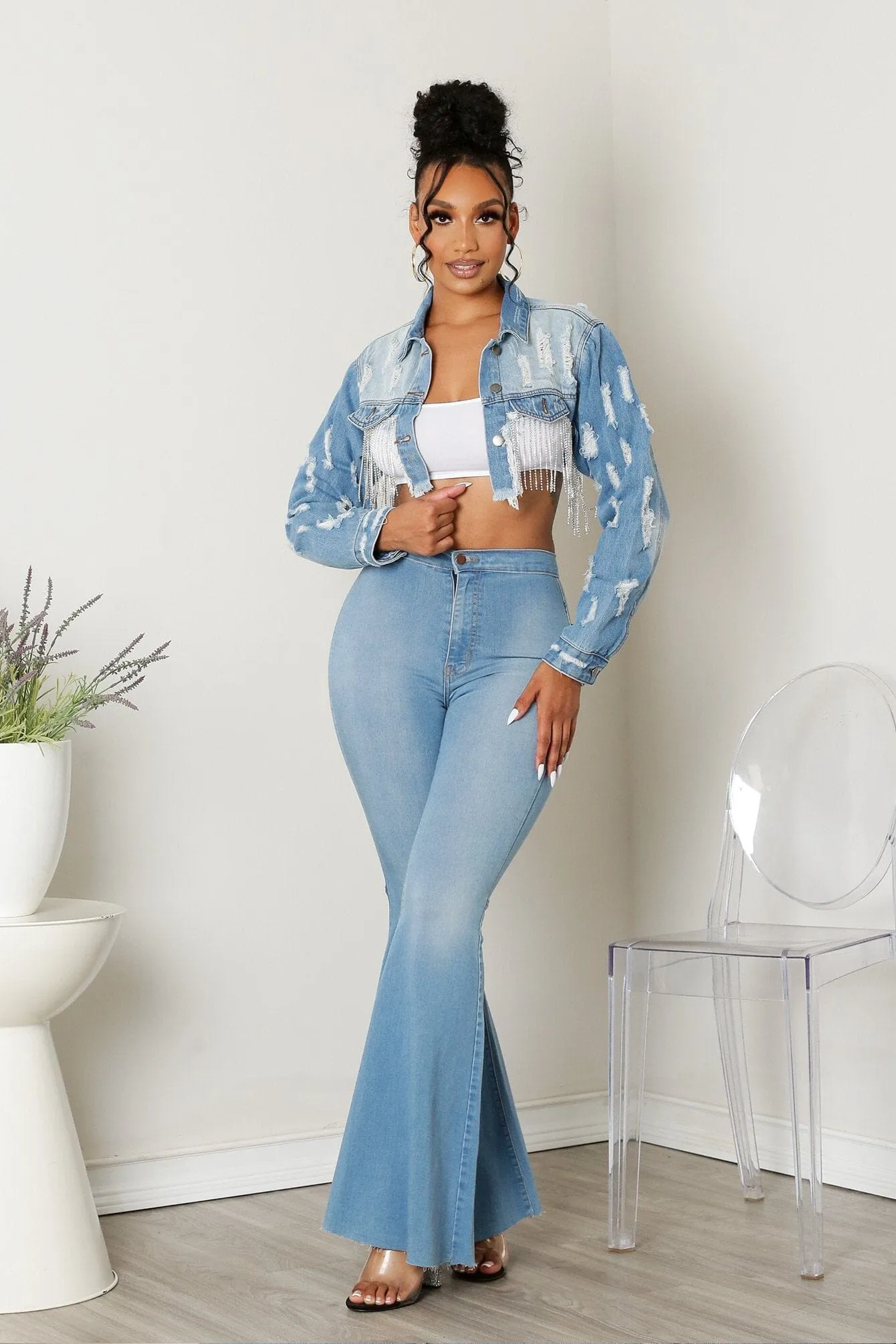 Rhinestone Fringe Distressed Crop Denim Jacket