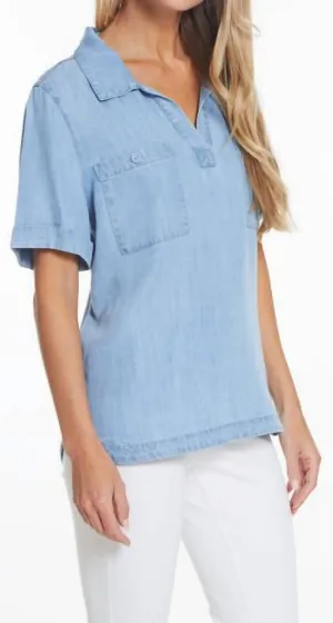 Roll Cuff Short Sleeve Top In Light Denim