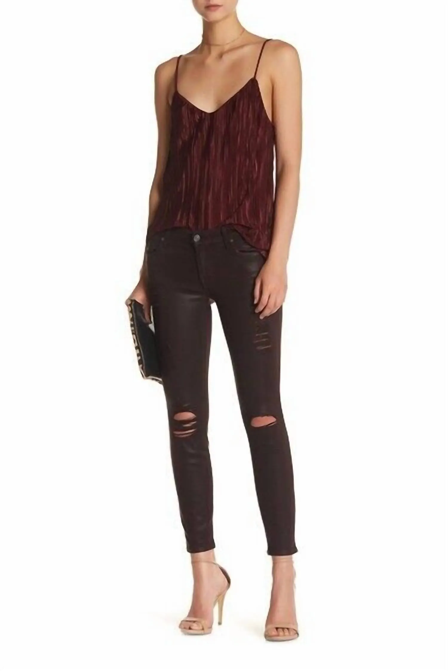 Skinny Coated Distressed Jeans In Red