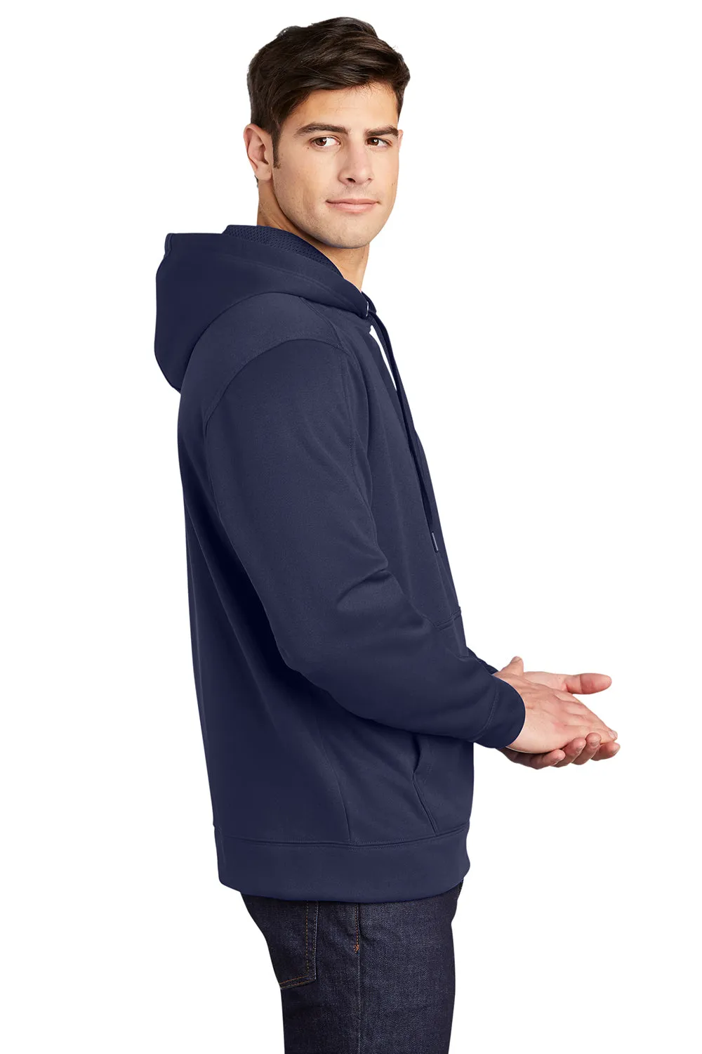 Sport-Tek Mens Repel Moisture Wicking Hooded Sweatshirt Hoodie w/ Pouch Pocket - True Navy Blue