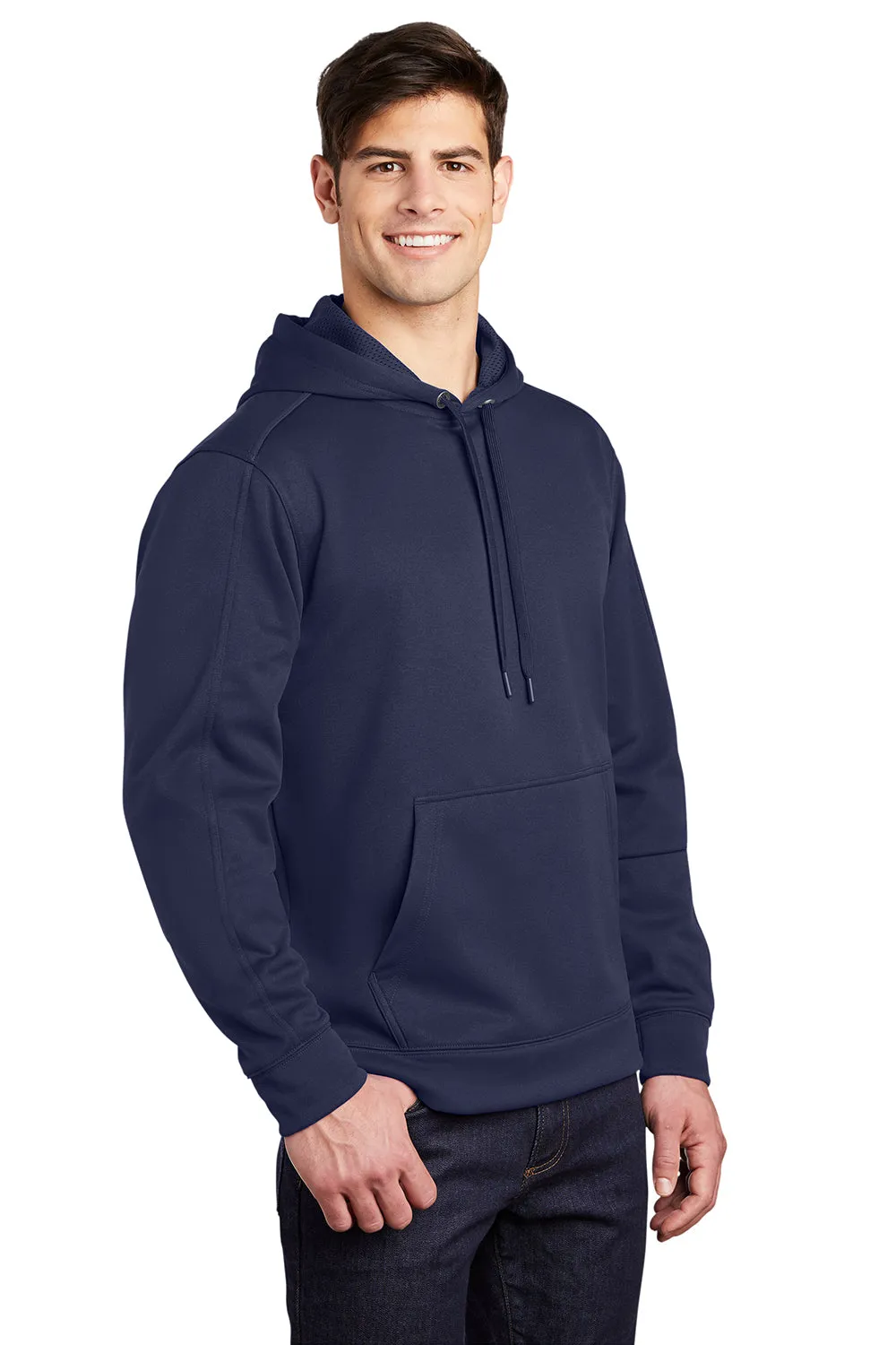 Sport-Tek Mens Repel Moisture Wicking Hooded Sweatshirt Hoodie w/ Pouch Pocket - True Navy Blue