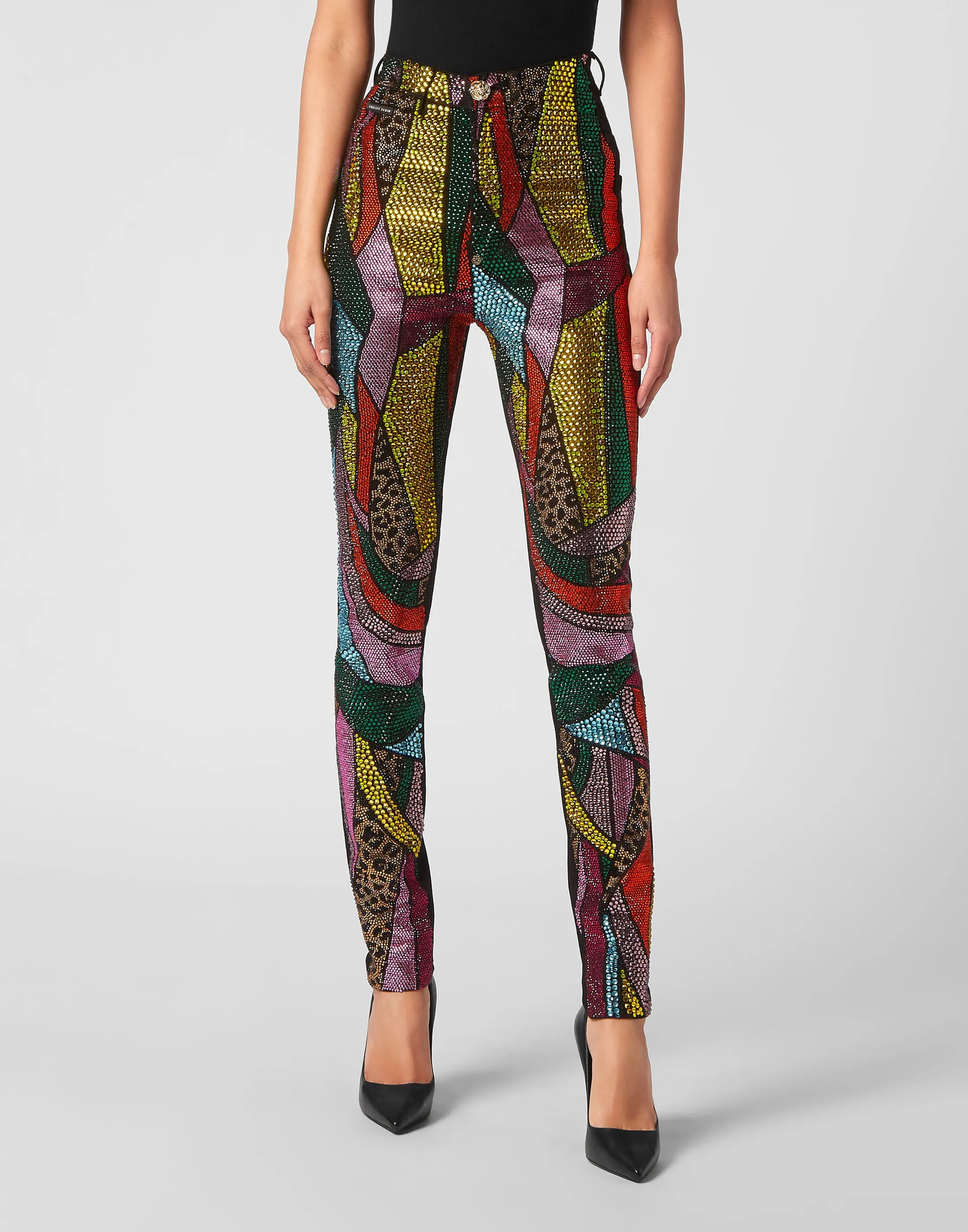 Super High Waist Denim Jeggings Rainbow Patchwork