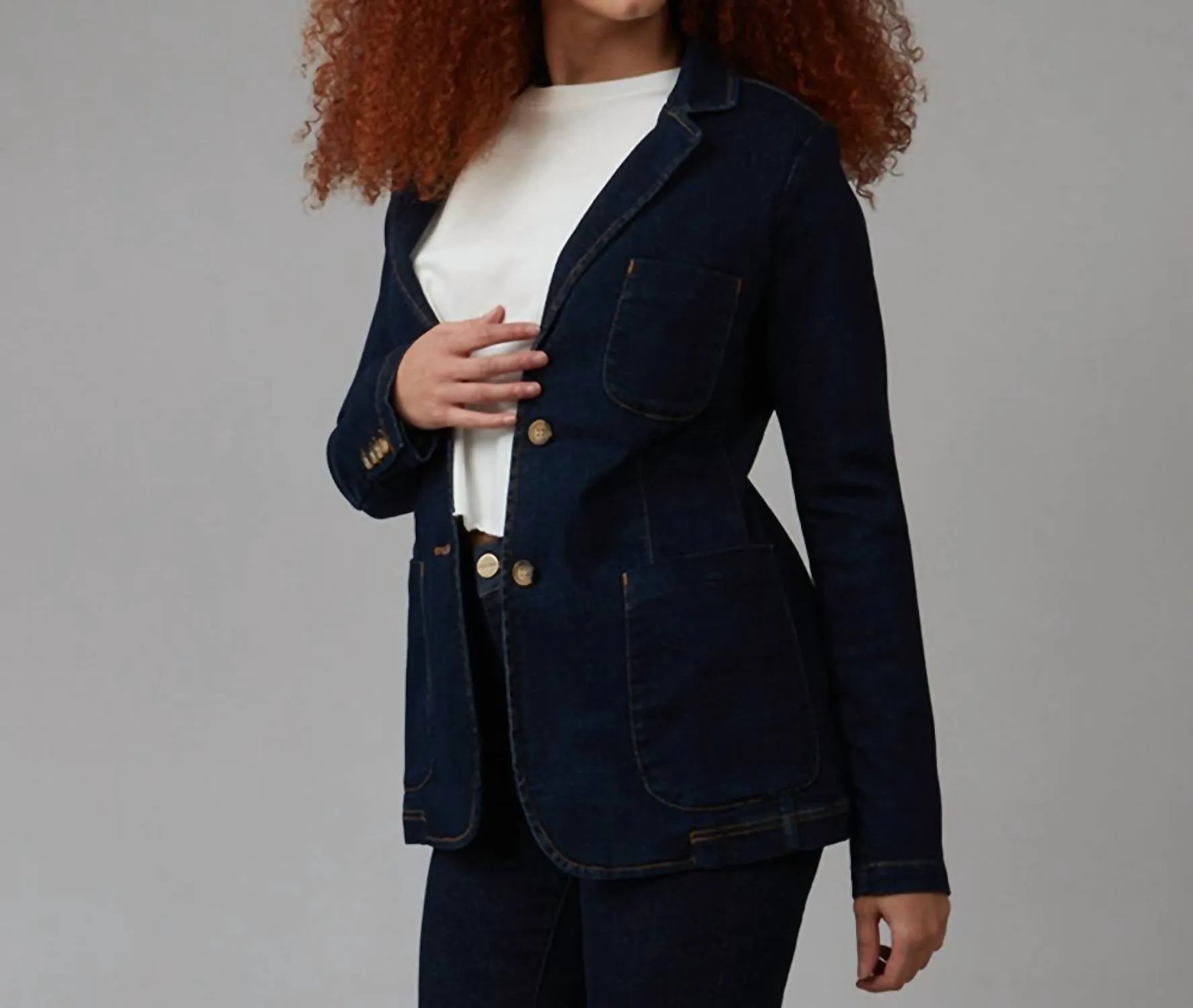 Tilly Drb Denim Blazer In Dk Rinse Blue